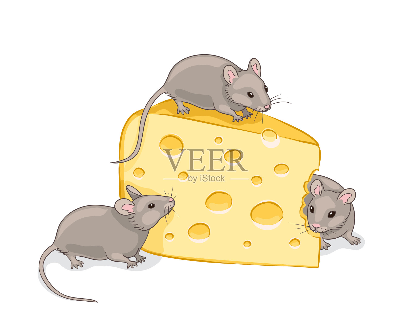 三只灰色的老鼠和一块奶酪插画图片素材