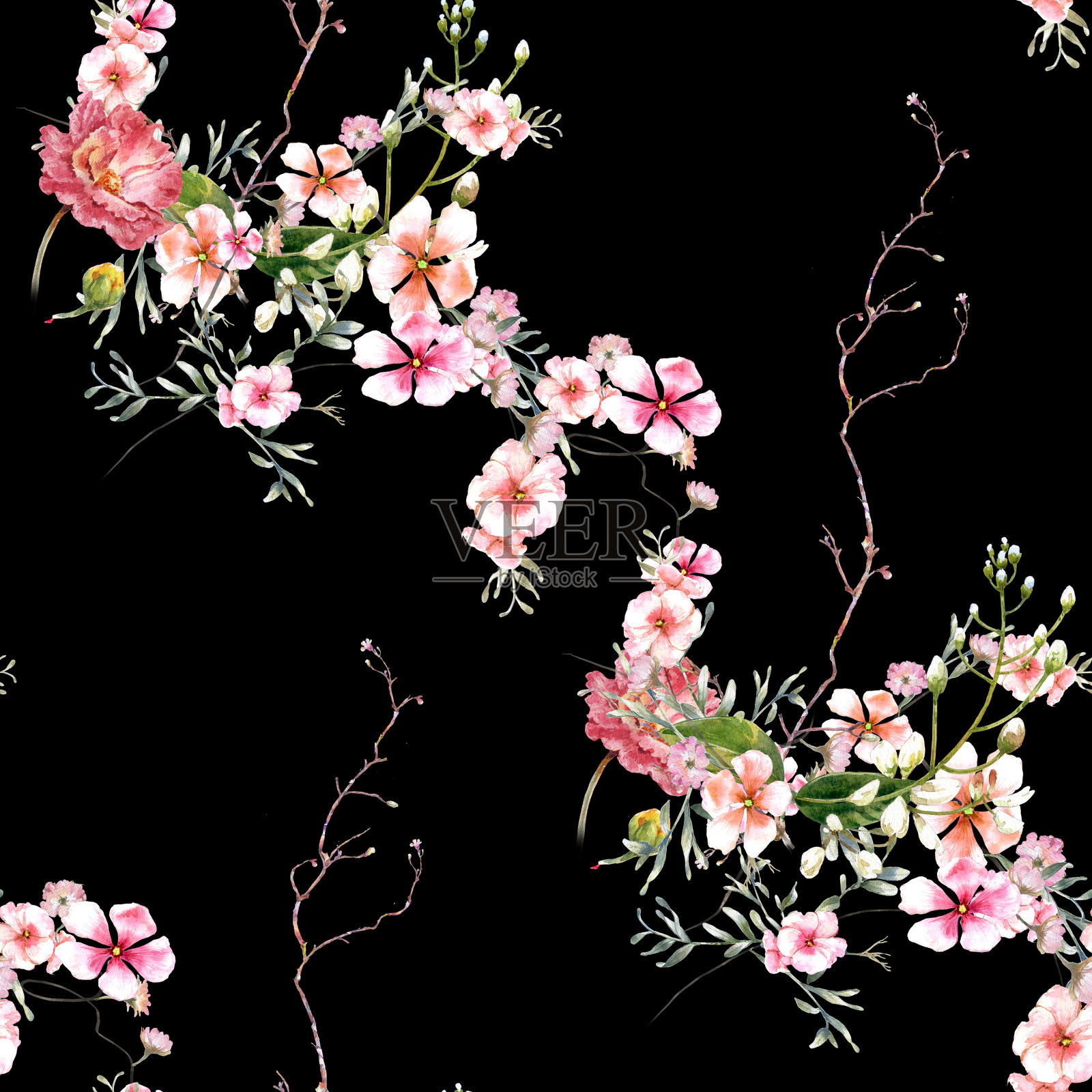 叶和花的水彩画，在深色的背景上无缝的图案插画图片素材