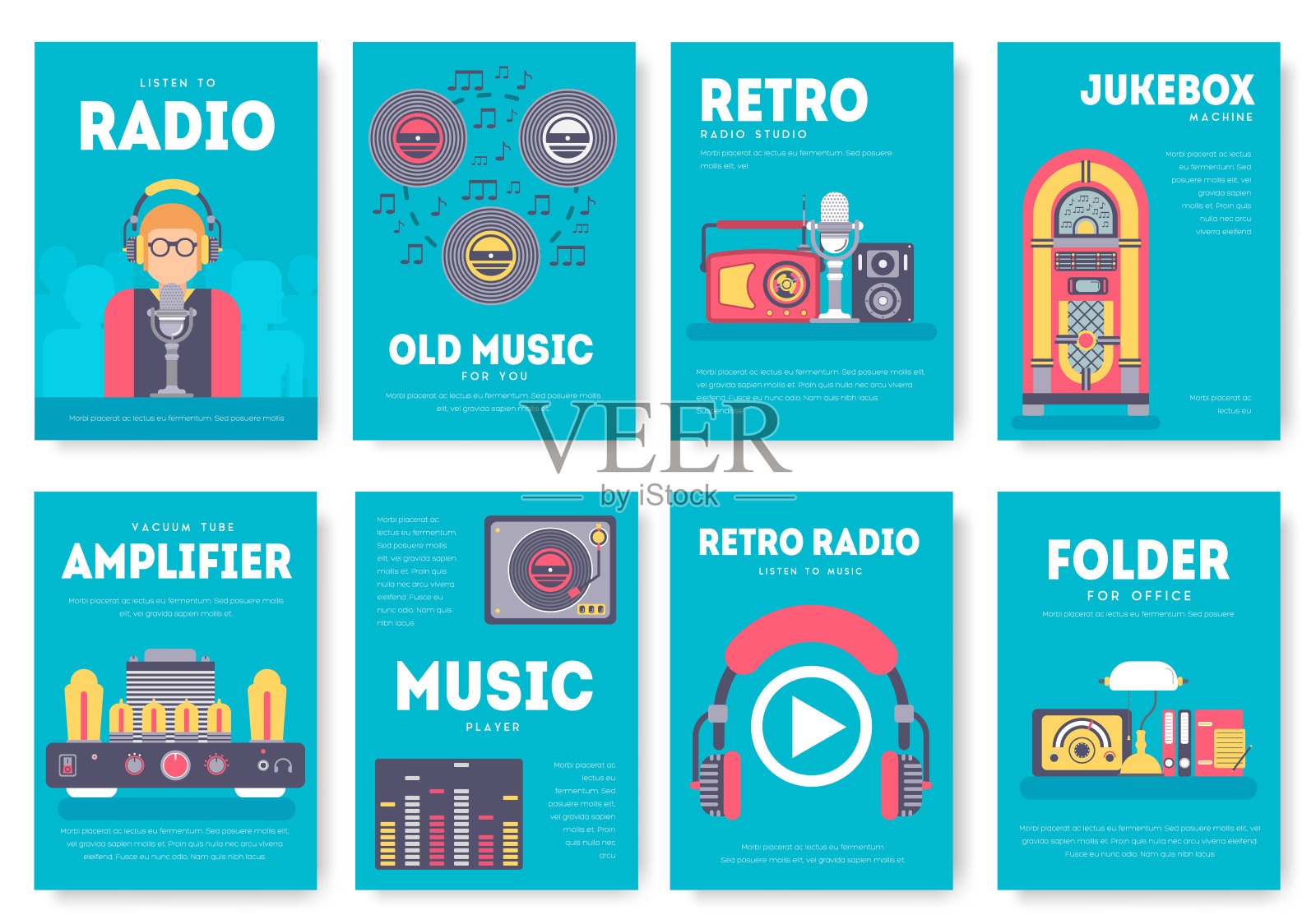 电台生活日手册卡片套装。旧学校电视设备模板传单，杂志，海报，书籍封面，小册子，横幅。工作空间在办公室邀请的概念背景。现代页面布局插画图片素材