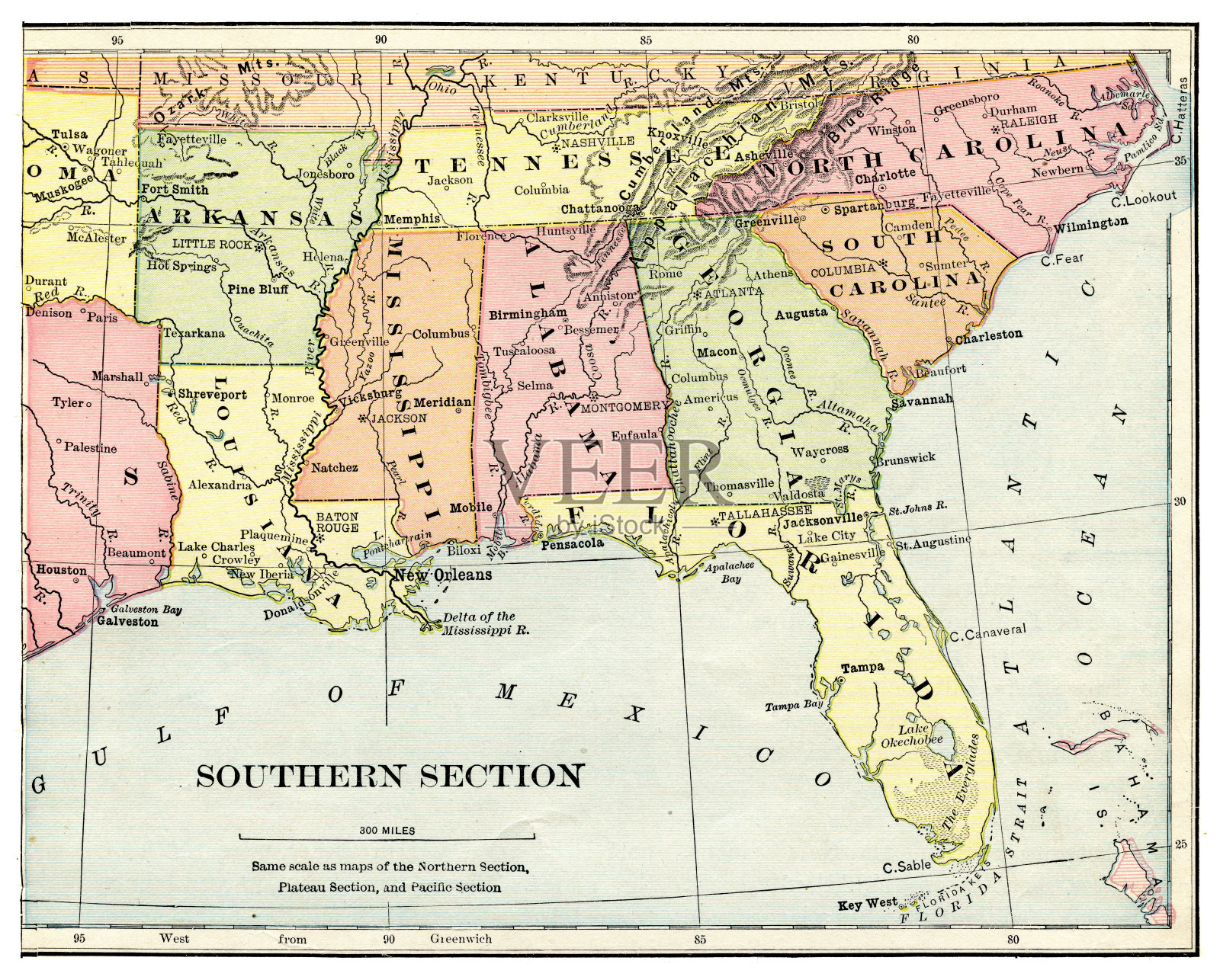 1897年美国南部各州地图插画图片素材