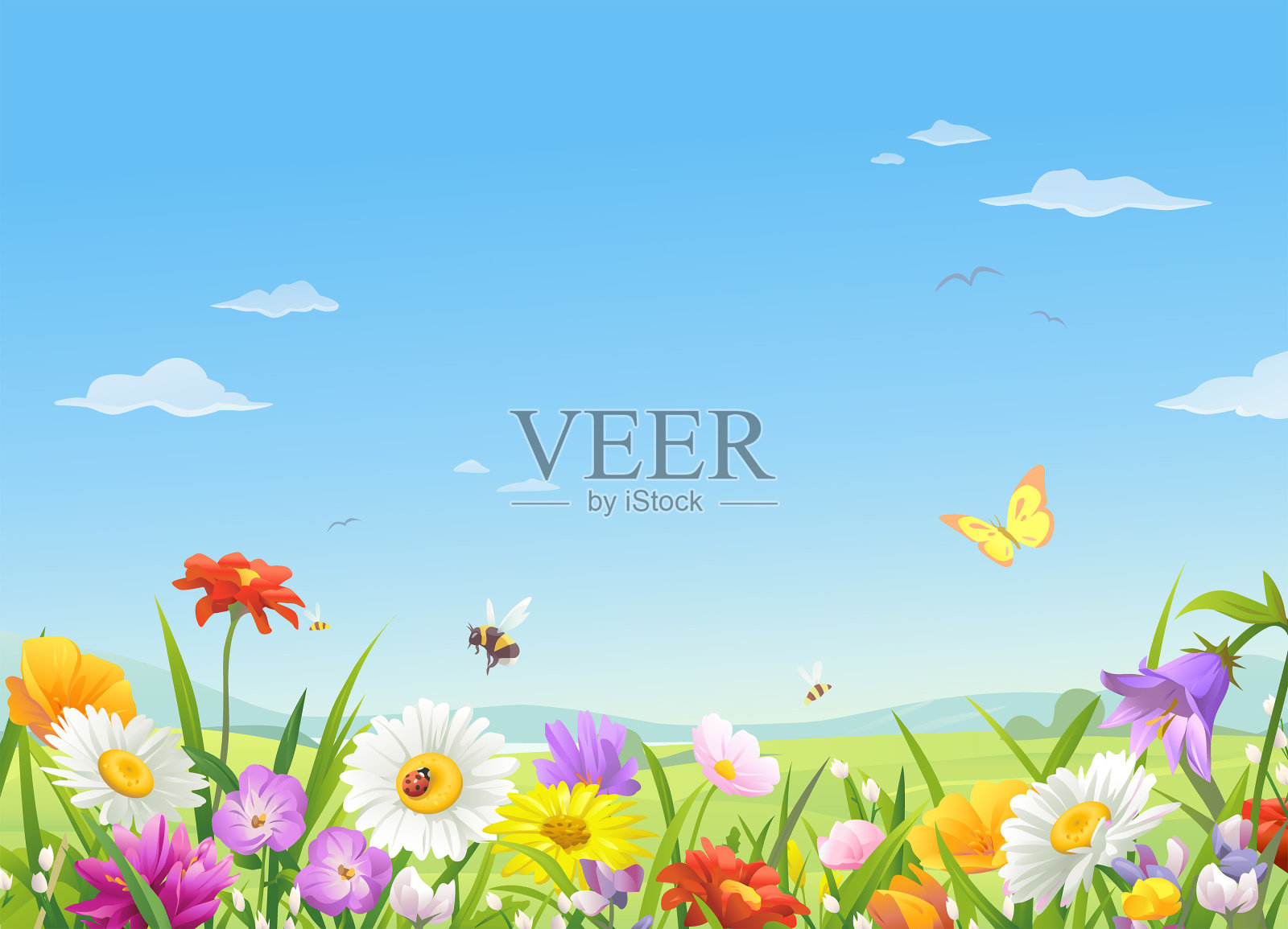 蓝天下的野花插画图片素材