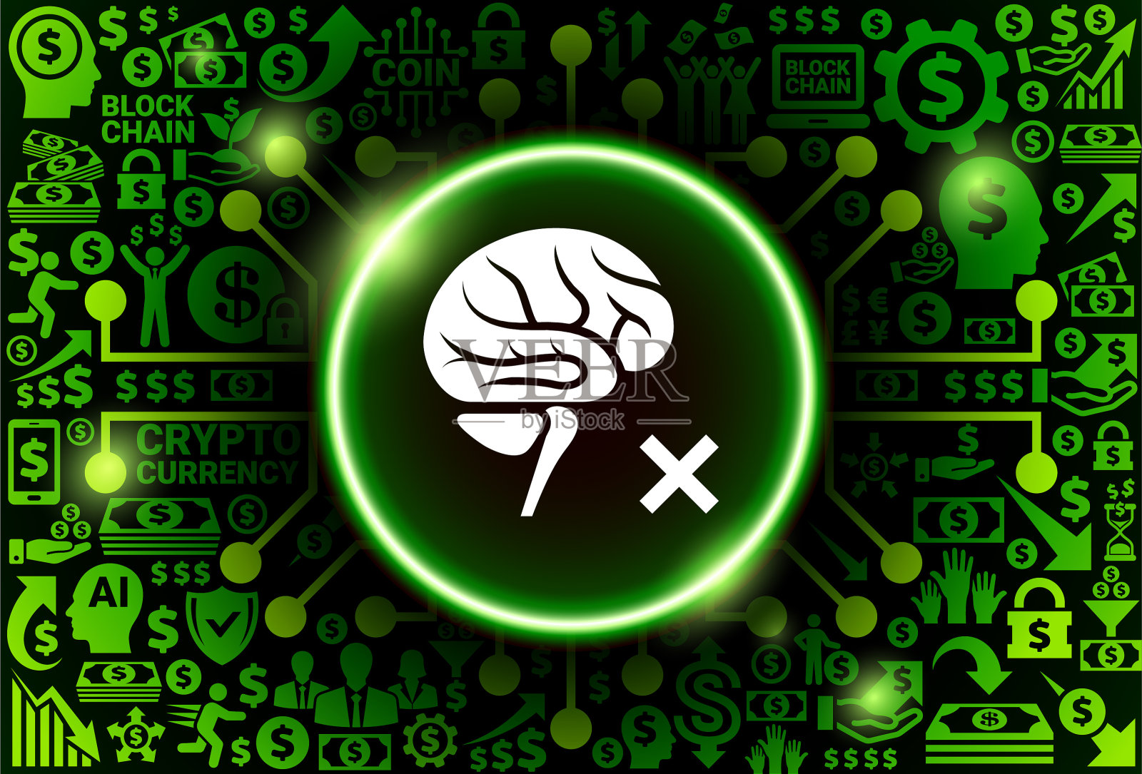 金钱和加密货币背景上的大脑检查图标插画图片素材
