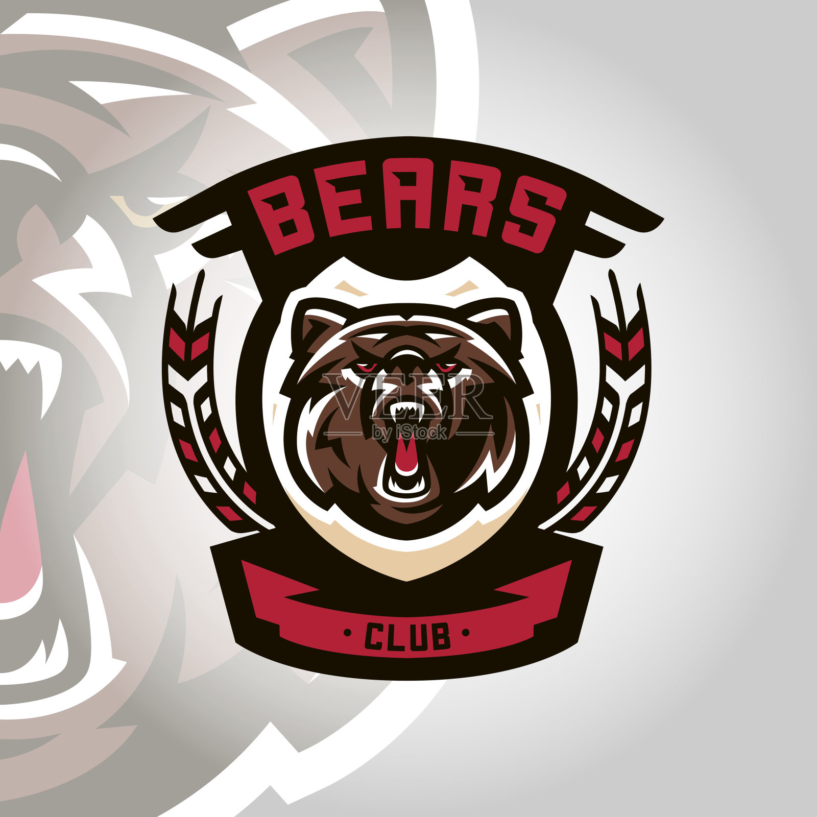 彩色的标志，标志，咆哮和准备攻击熊，灰熊，危险的捕食者，居民森林。矢量插图，动态和运动风格，打印在t恤上插画图片素材