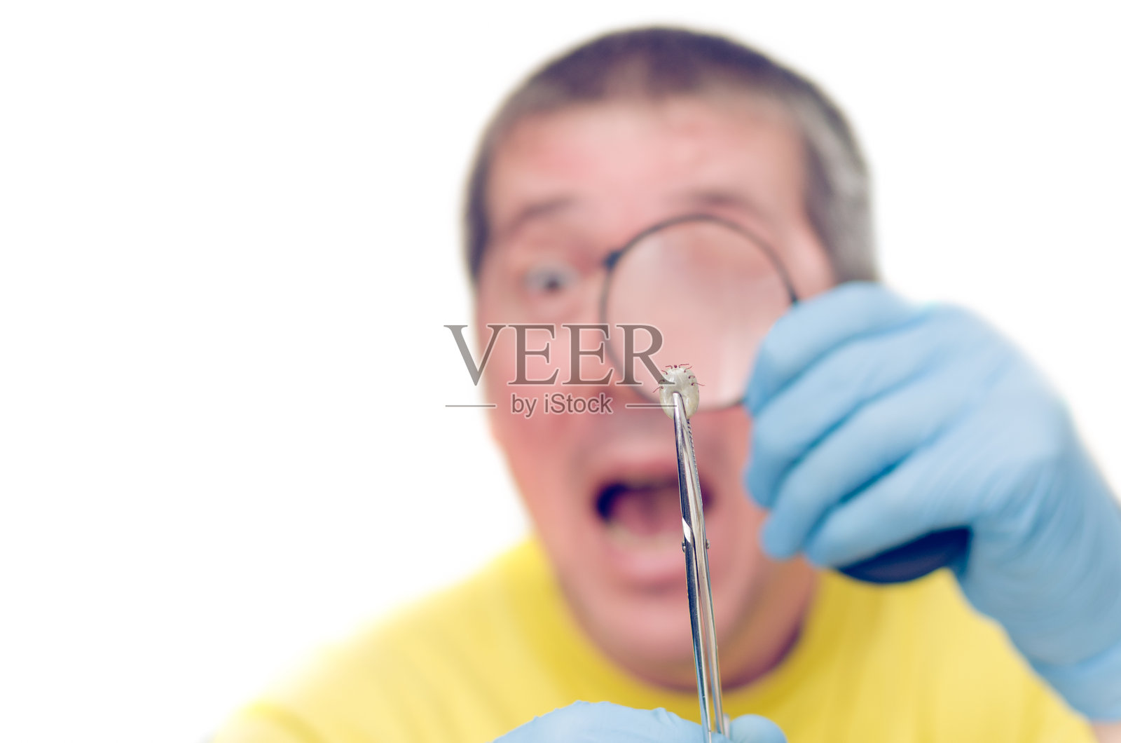 人透过放大镜看螨，孤立在白色背景上照片摄影图片