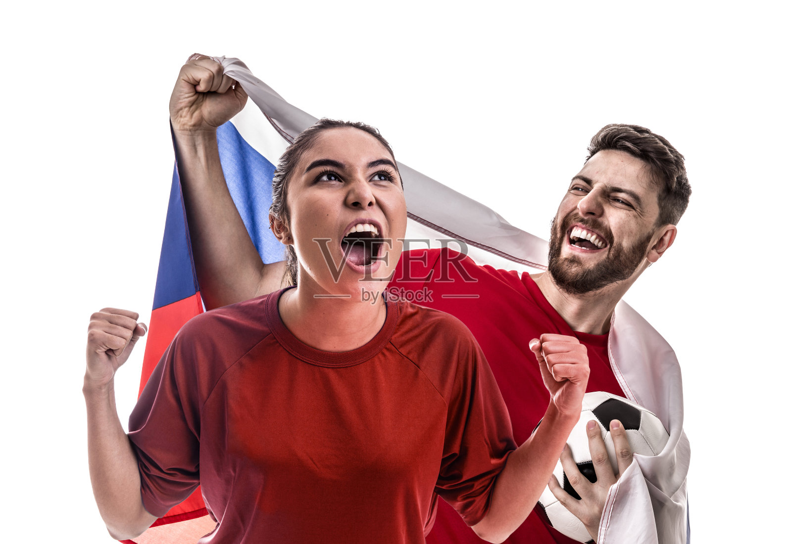 一对俄罗斯球迷在白色背景下庆祝照片摄影图片