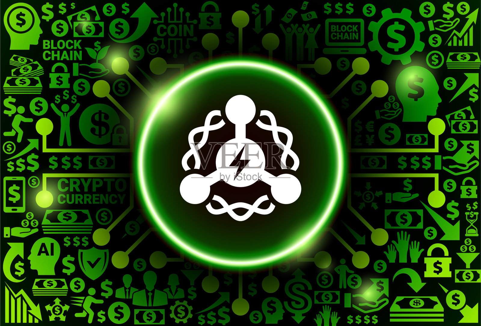 货币和加密货币背景上的原子分子图标插画图片素材