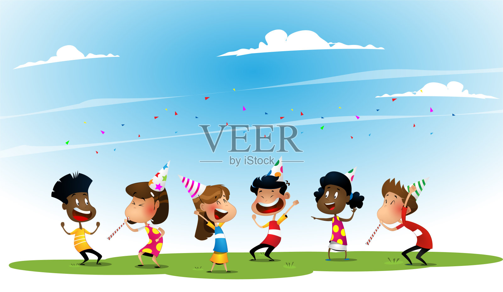 一群非裔和亚裔的快乐男孩和女孩插画图片素材