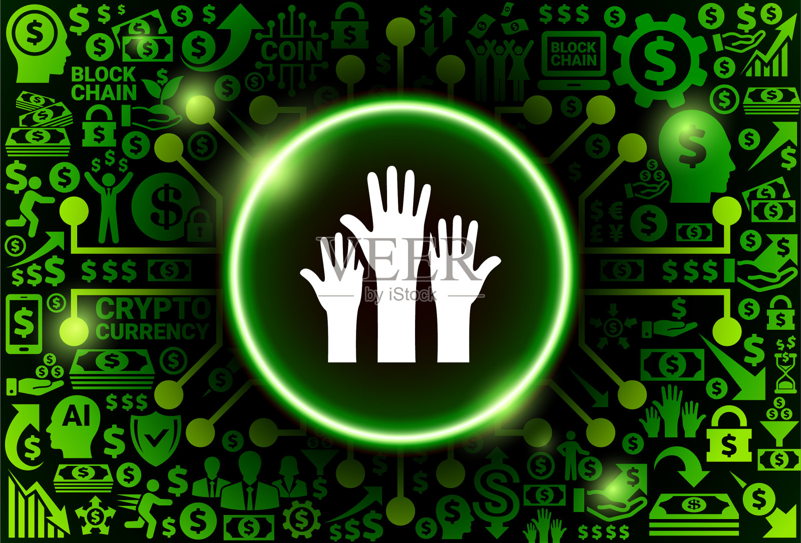 货币和加密货币背景上的举手图标插画图片素材