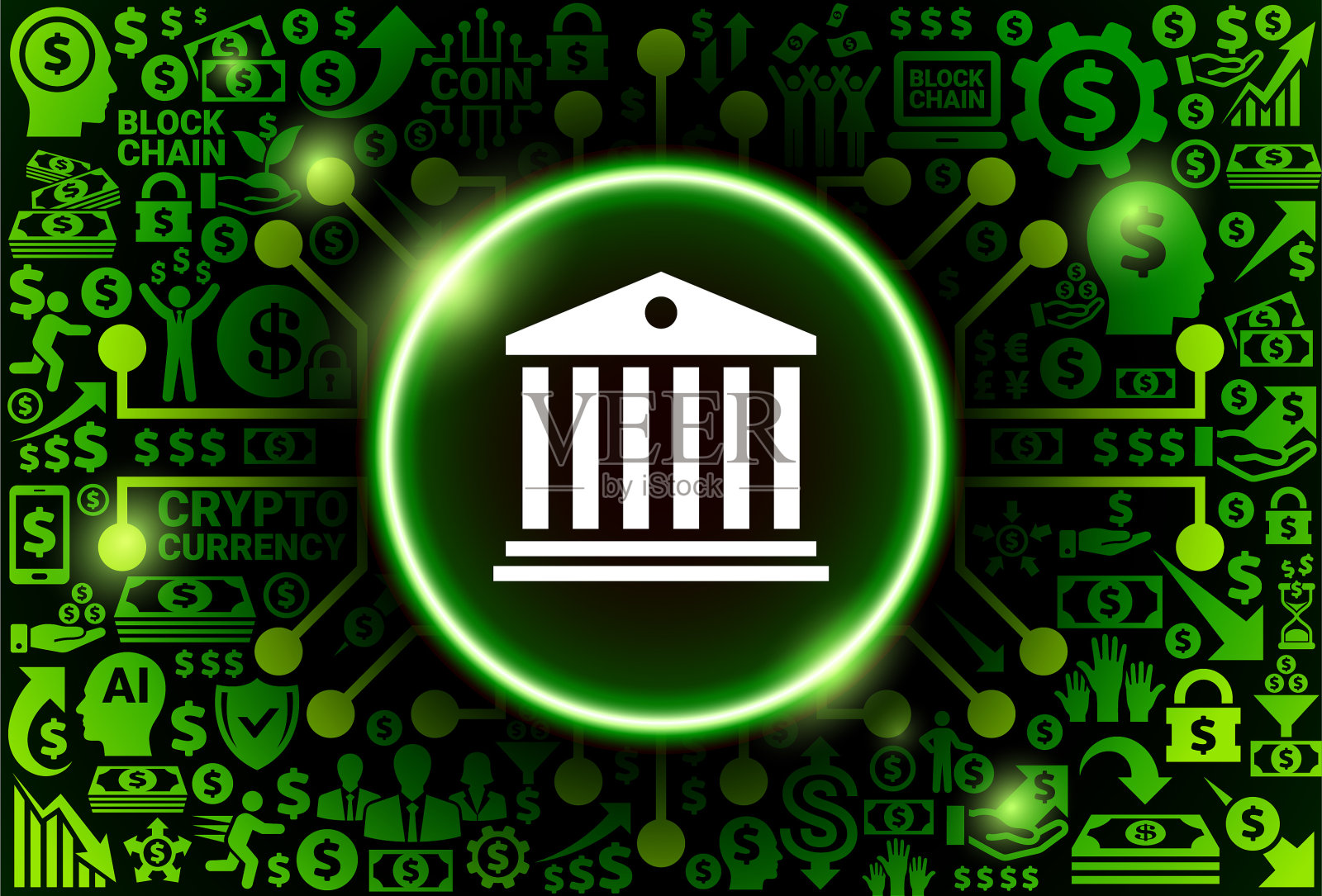 银行大厦图标上的货币和加密货币背景插画图片素材