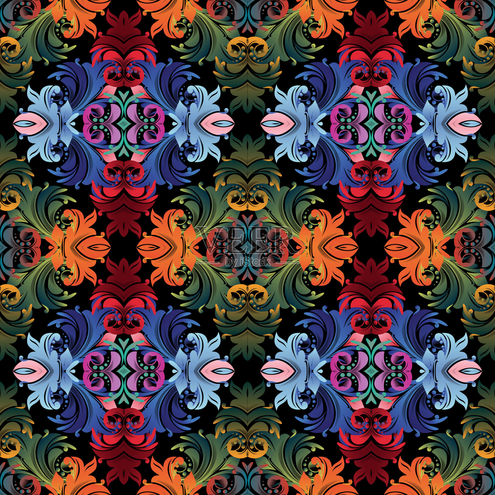 多彩的巴洛克无缝图案。矢量鲜艳的花卉背景插画图片素材