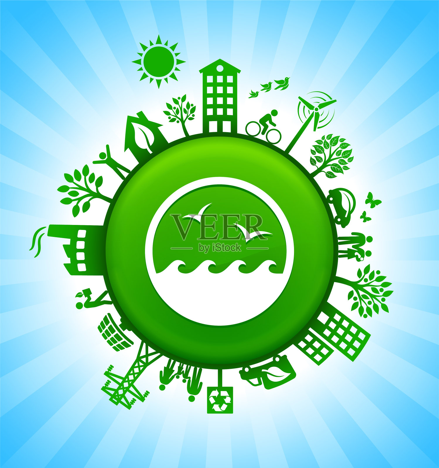 海浪和鸟类环境绿色按钮背景在蓝天插画图片素材