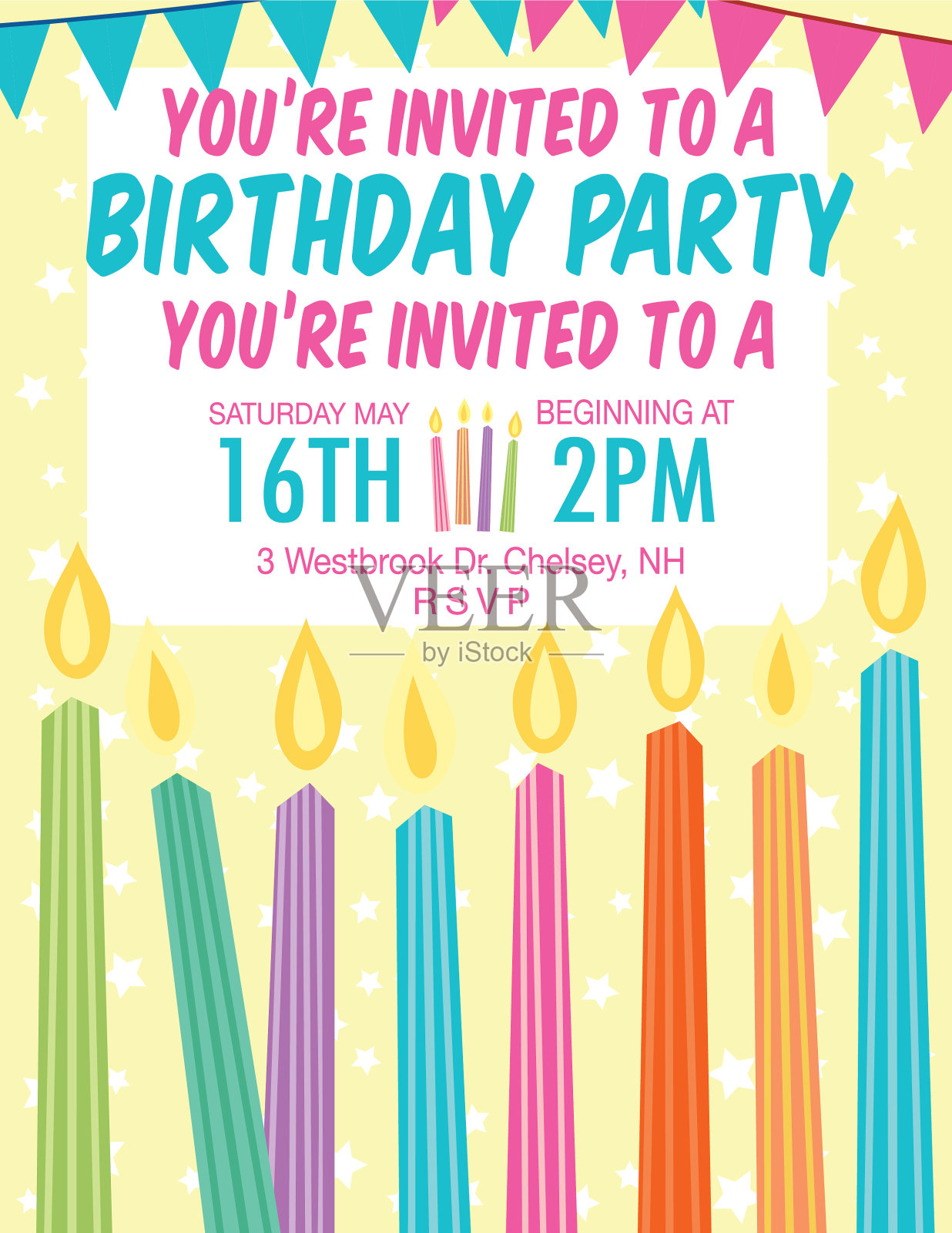 生日派对邀请与蜡烛和三角旗插画图片素材