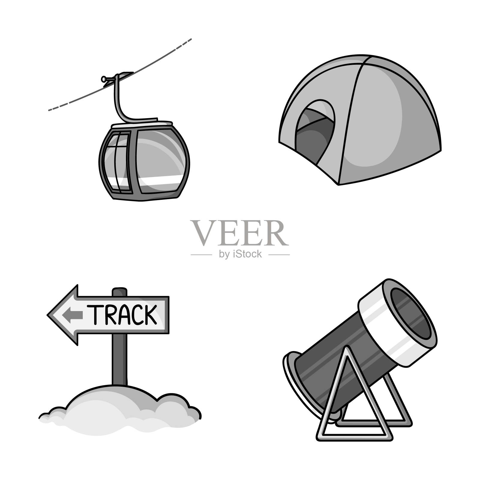 缆车，帐篷，路标，雪炮。滑雪胜地集合图标在单色风格向量符号股票插图web图标。插画图片素材