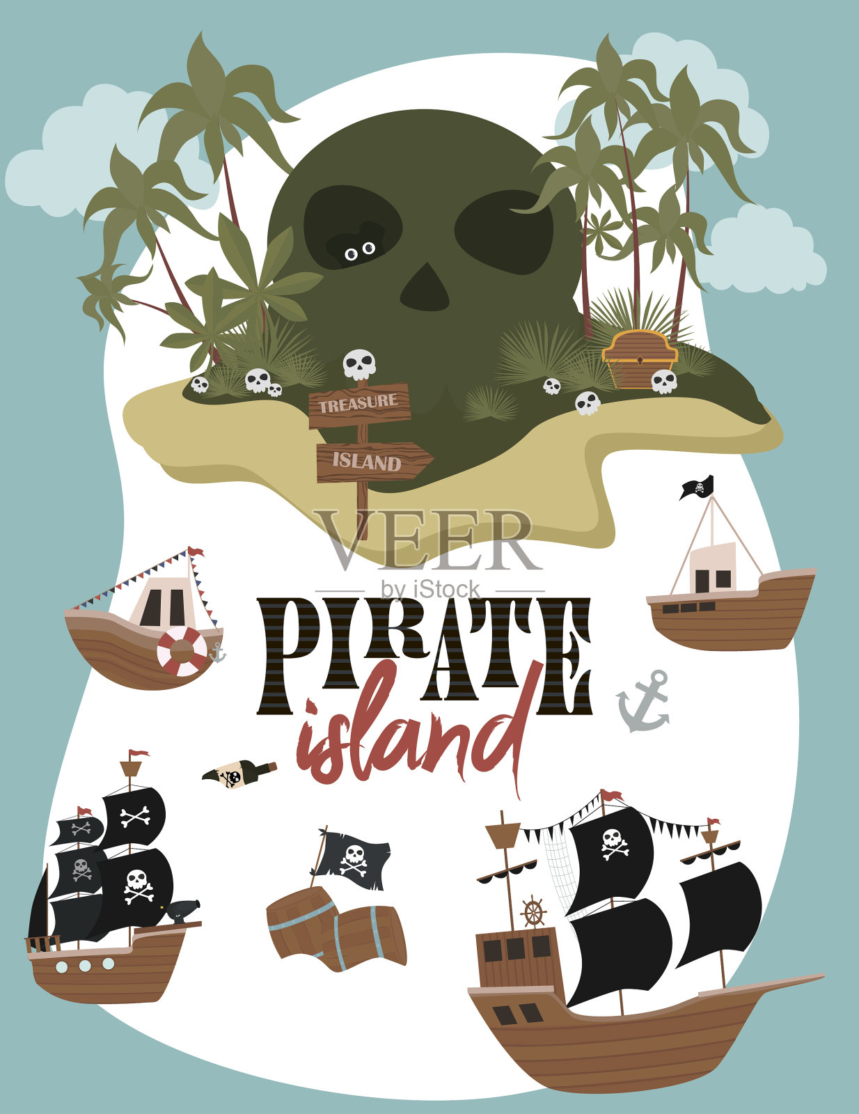 卡通风格的海盗生日邀请卡插画图片素材