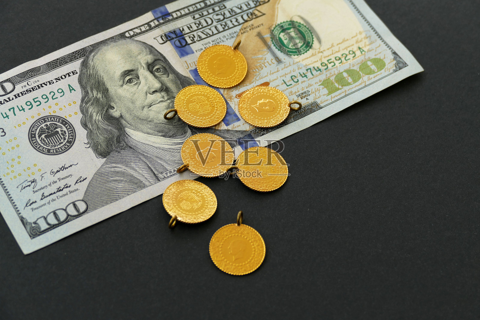 土耳其比特币和100美元。照片摄影图片