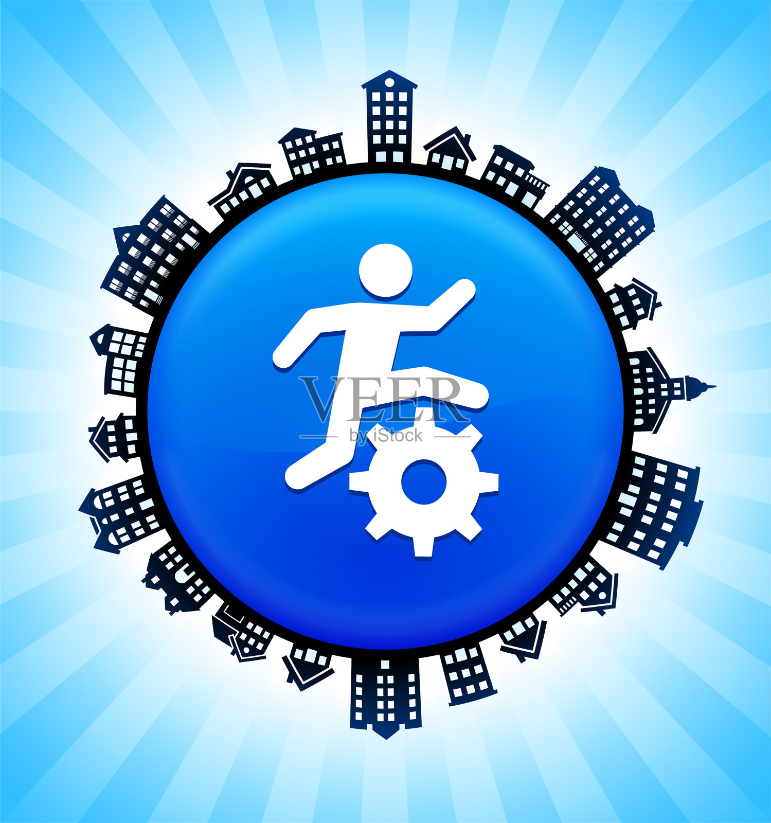 简笔画跑步齿轮，乡村城市天际线背景插画图片素材