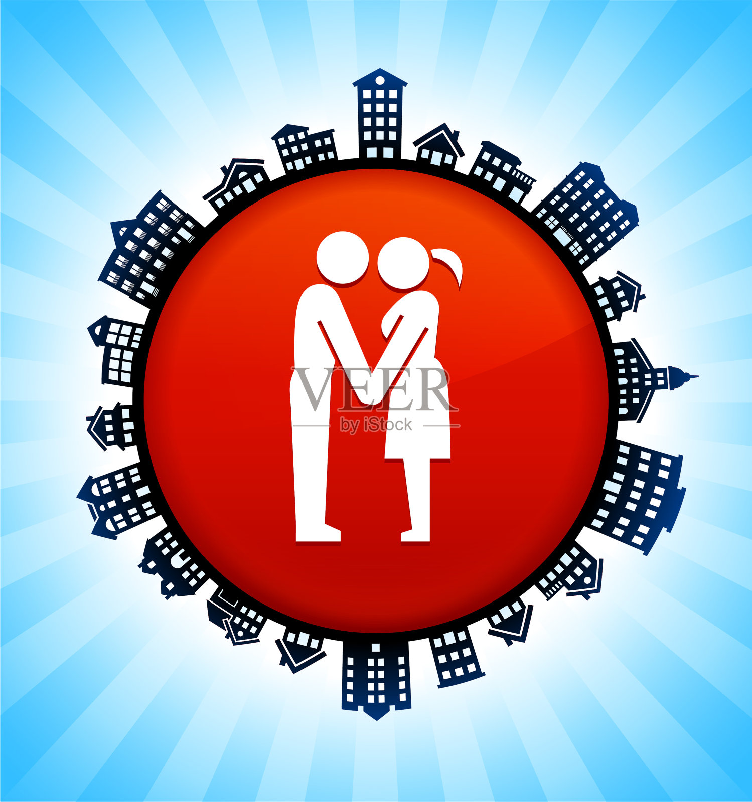 情侣手牵手在城市天际线背景下插画图片素材