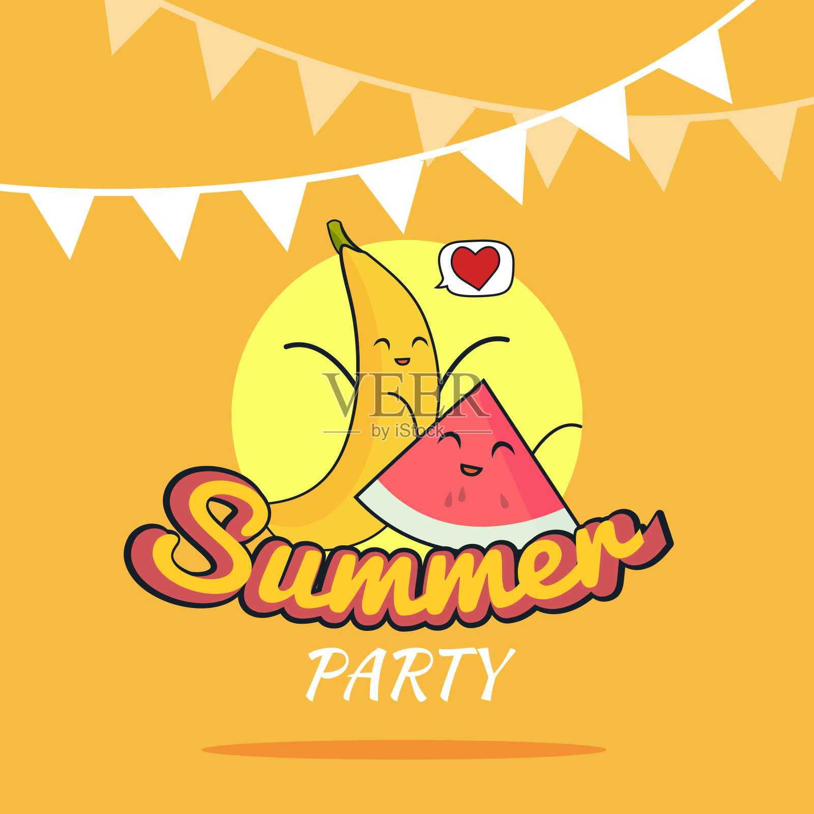 以可爱的香蕉和西瓜为卡通人物的夏日派对海报设计插图，儿童明信片，健康的生活方式插画图片素材