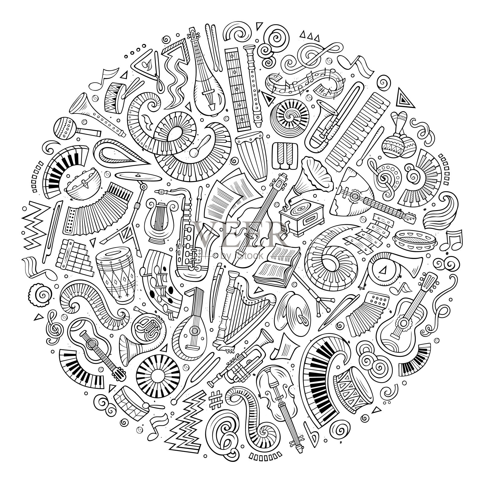 一套矢量卡通涂鸦古典乐器和物品收集在一个圆圈插画图片素材