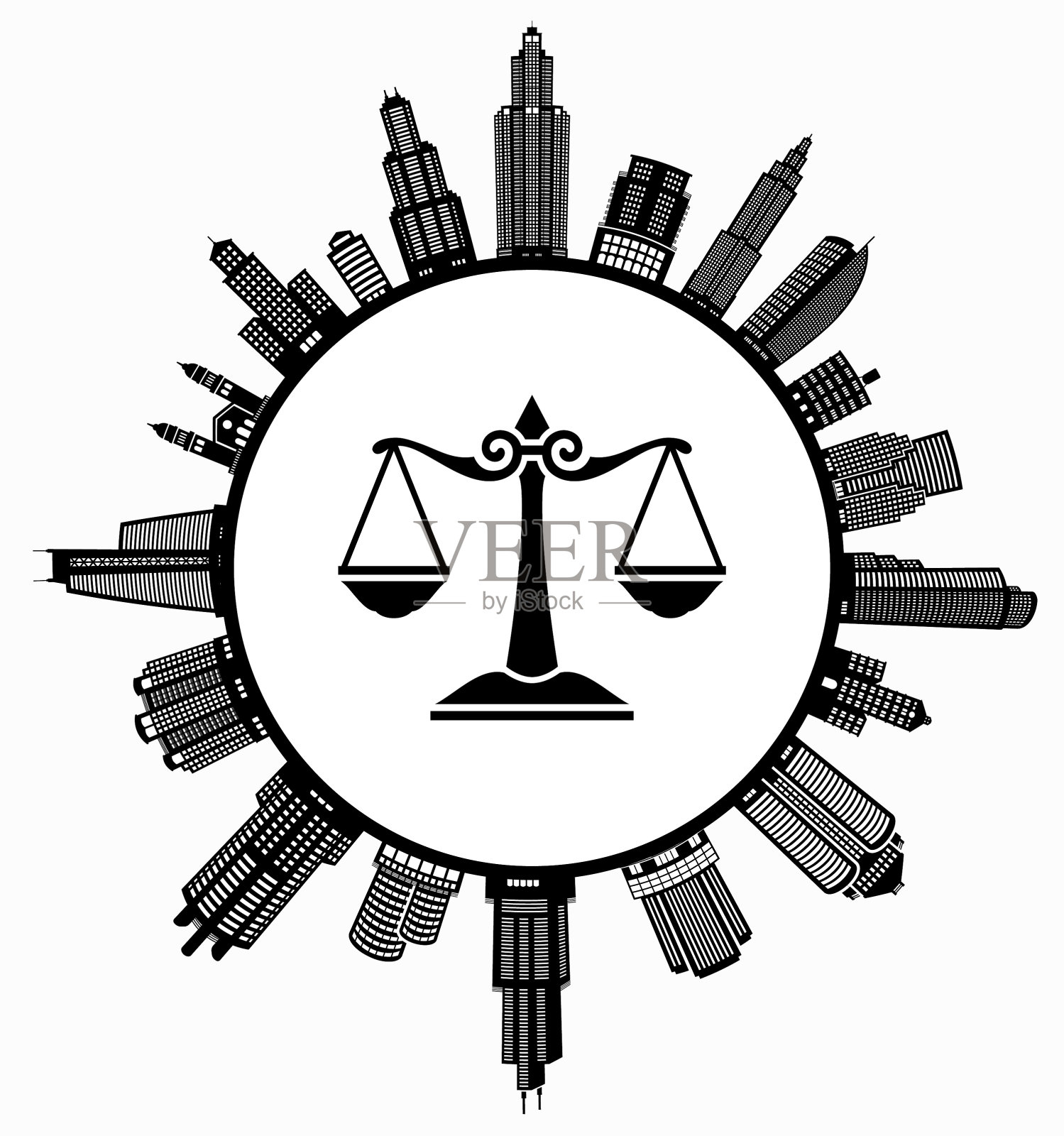 现代城市天际线背景下的正义平衡插画图片素材