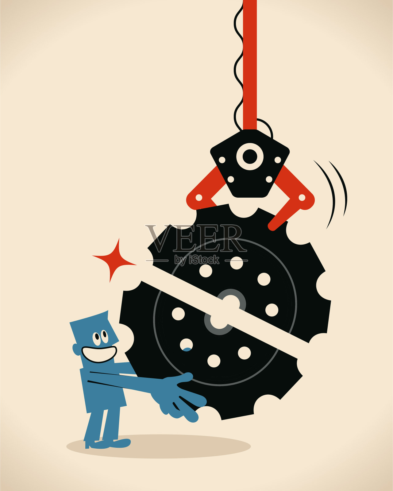 微笑商人与人工智能机器人合作完成齿轮拼图(团队合作)插画图片素材