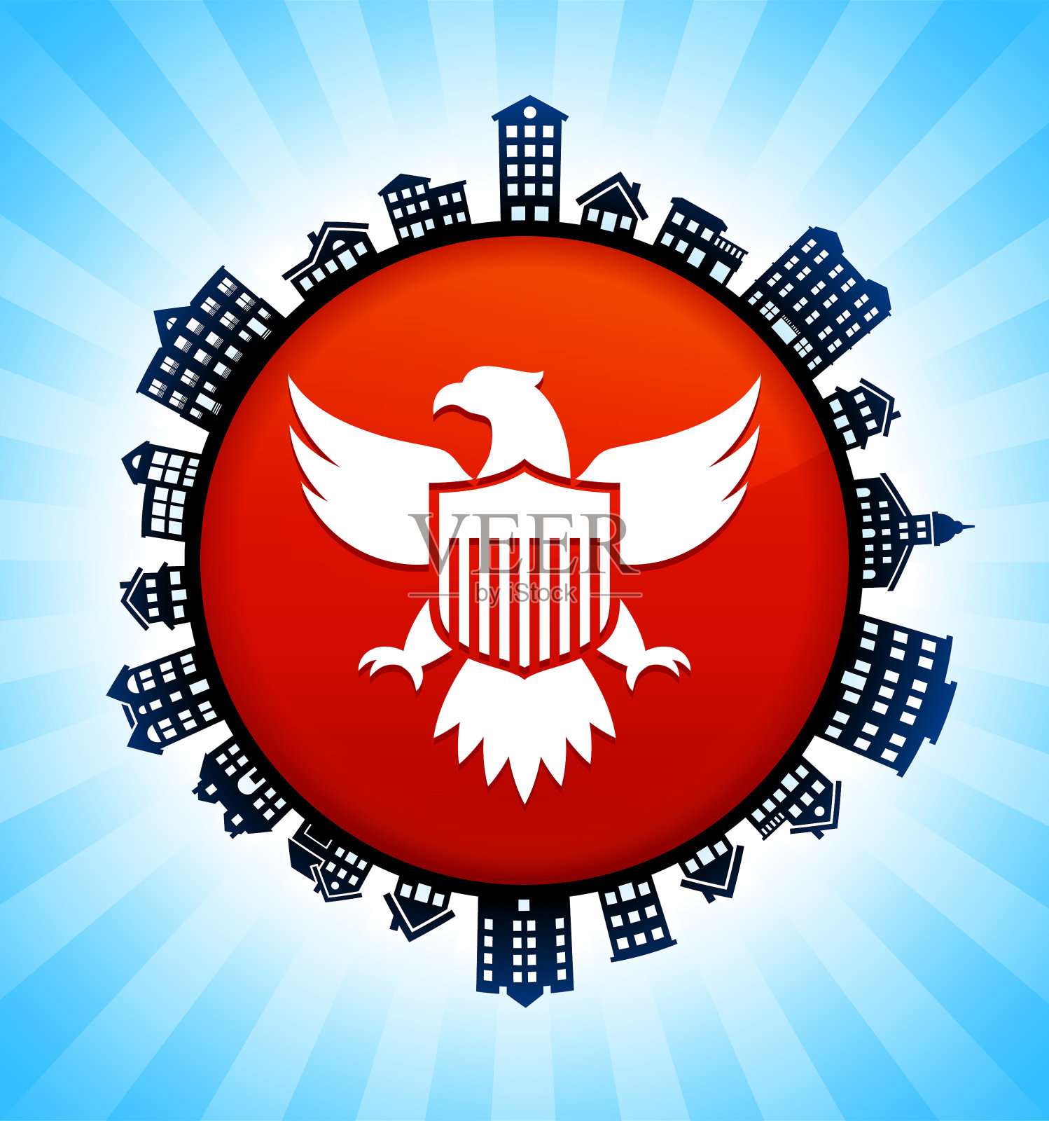 美国雄鹰和盾牌在乡村城市天际线背景上插画图片素材