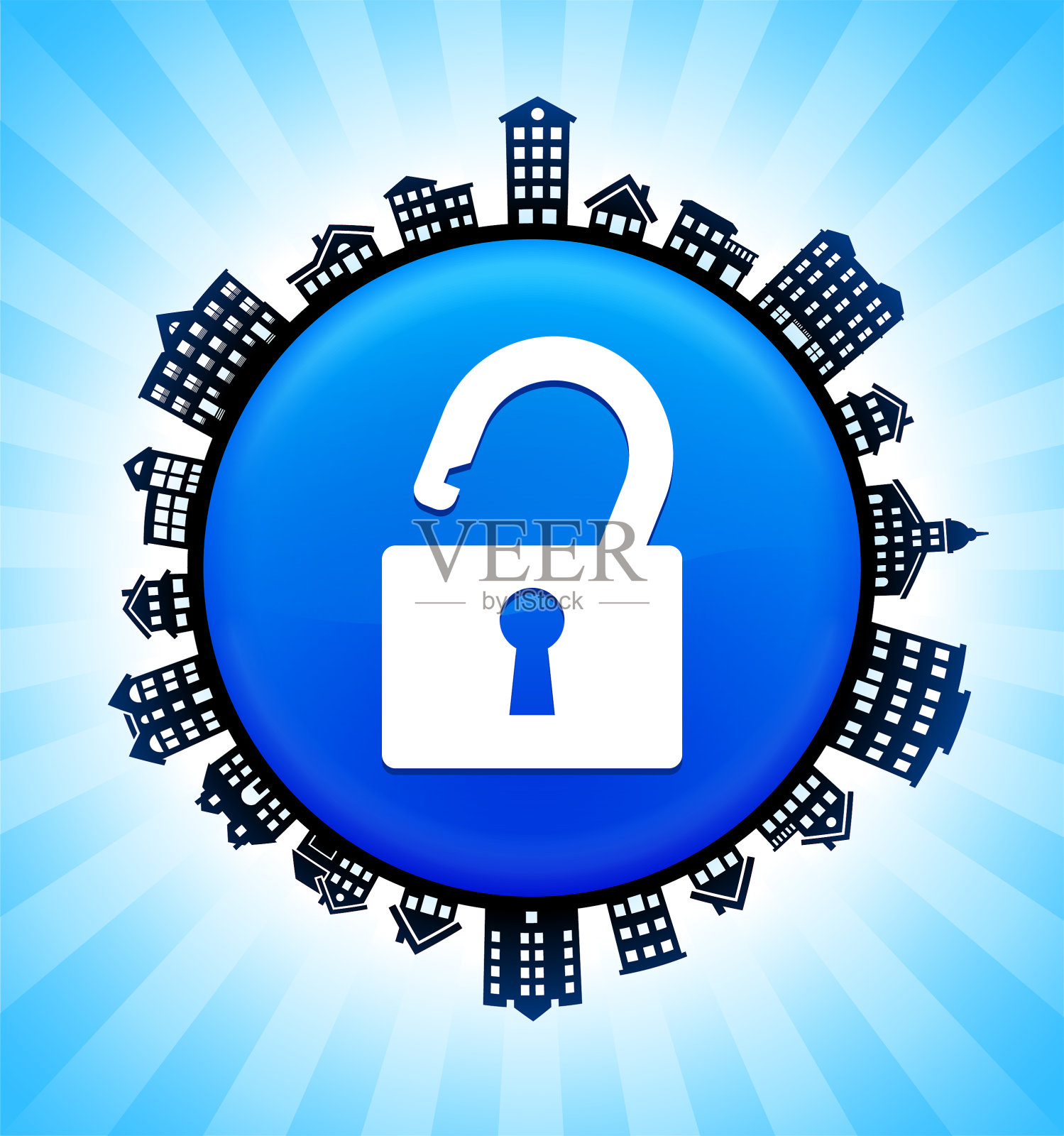 乡村城市天际线背景上的安全锁插画图片素材