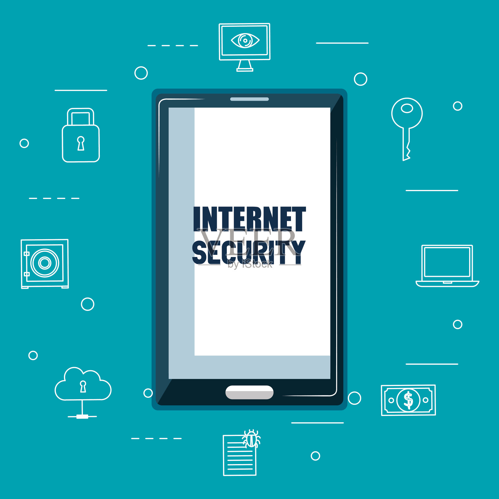 带有互联网安全图标的智能手机插画图片素材