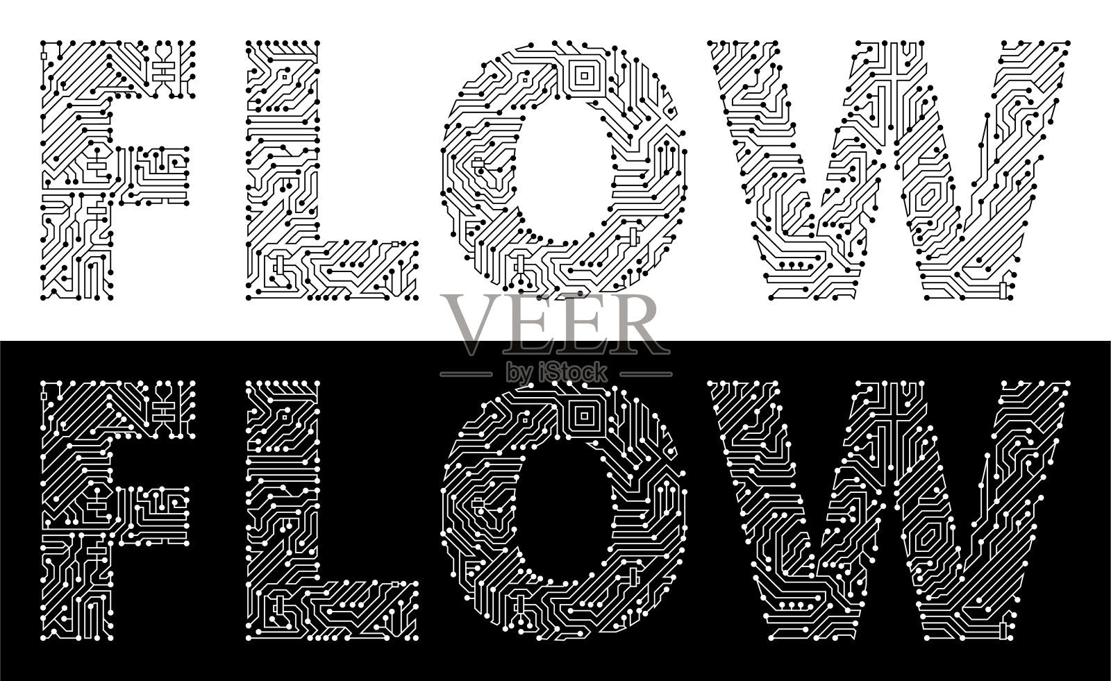 流动的黑白电路板字体插画图片素材