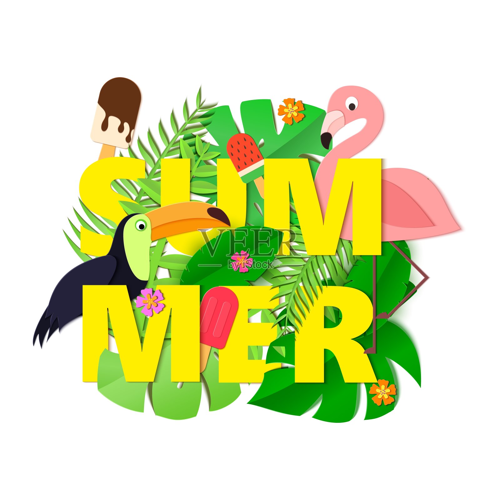 字夏天的组成与鲜花丛林树叶巨嘴鸟火烈鸟和冰淇淋在传统剪纸风格。热带工艺设计为您的海报，横幅，传单。矢量插图。插画图片素材