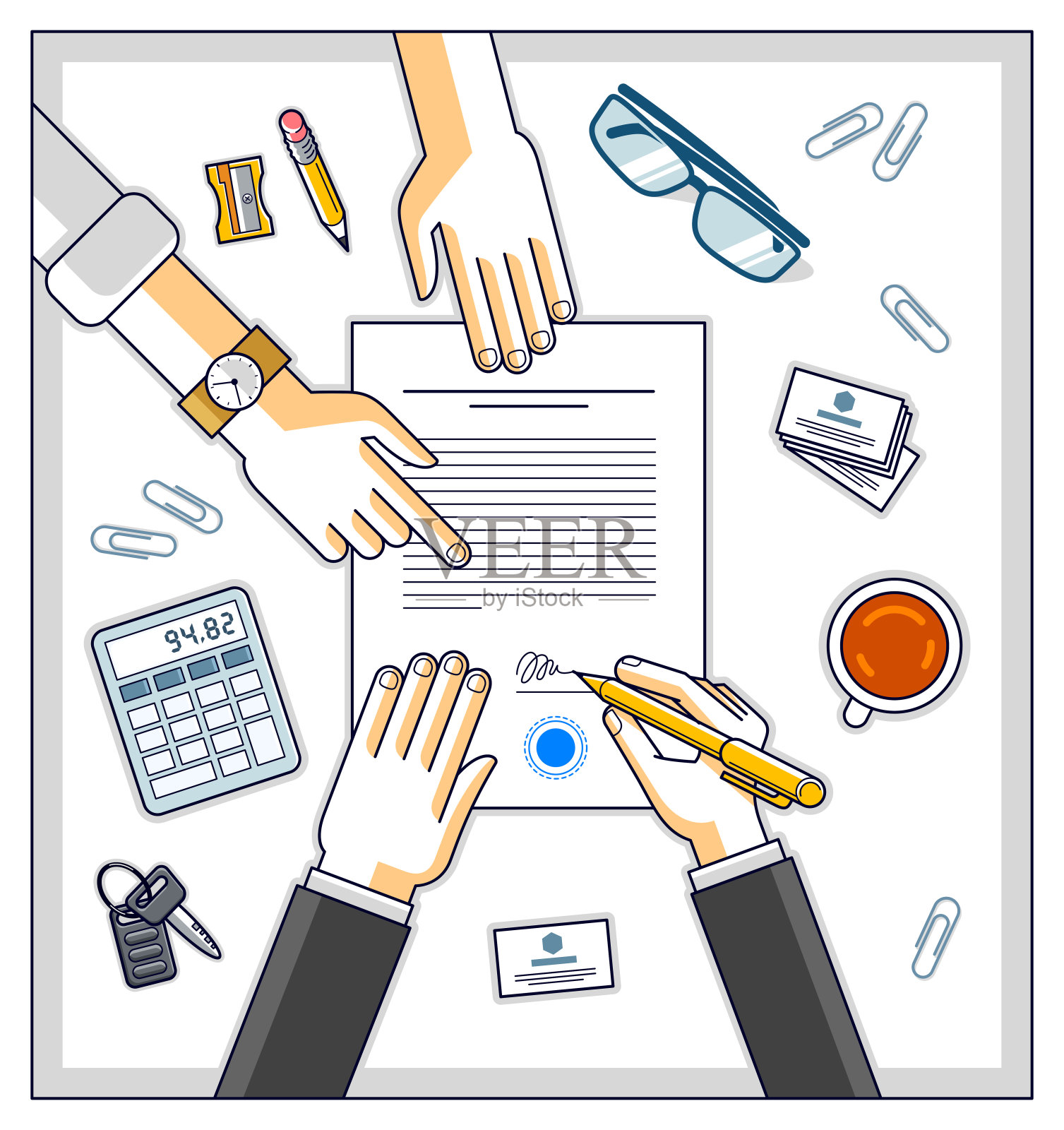 商人签署合同纸质文件或银行客户在货币信贷金融形式上签字而雇员帮助