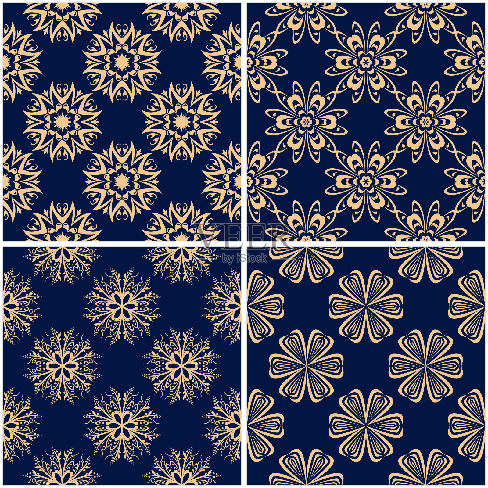 花卉图案。一套金蓝色无缝背景插画图片素材