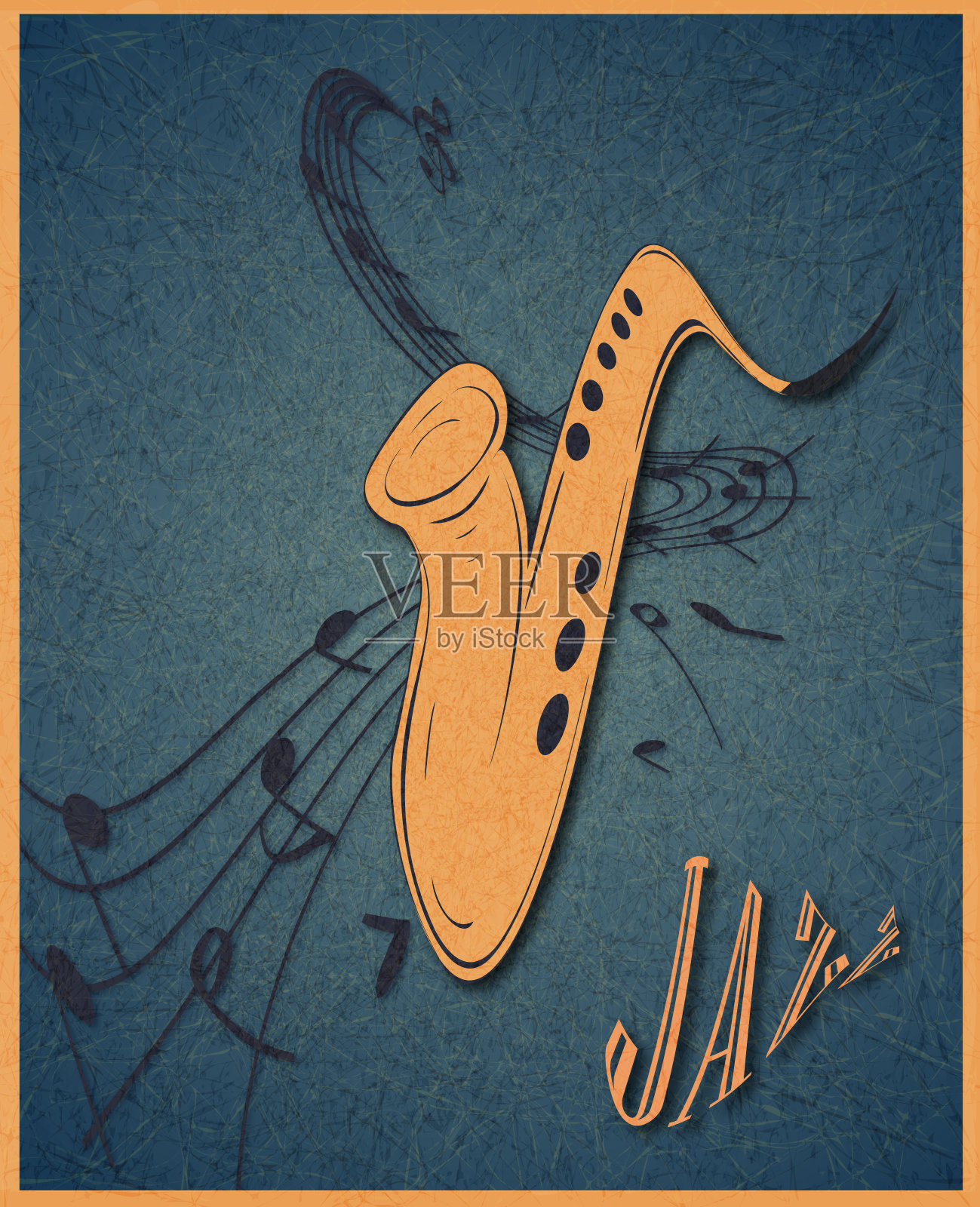 萨克斯管和音乐音符在蓝色垃圾摇滚背景设计模板素材