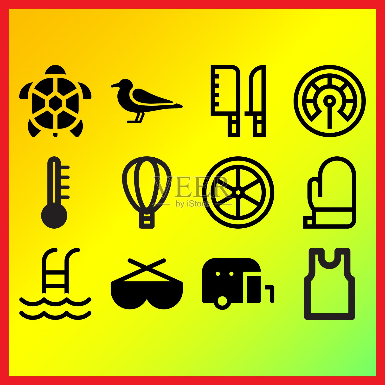 海鸥仍然，刀和游泳池相关的图标设置图标素材