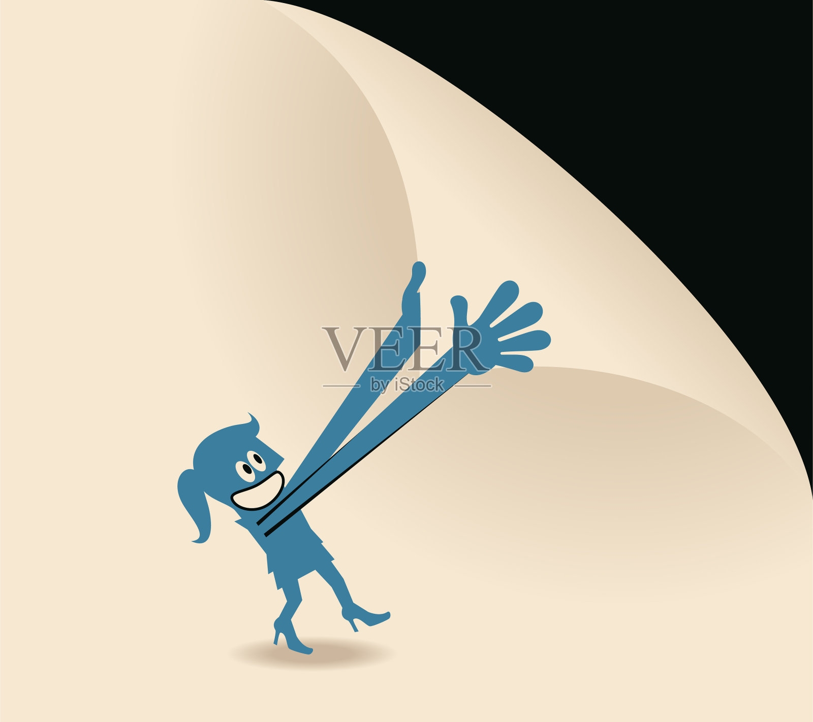 微笑的女商人在纸墙上折角(或翻页)插画图片素材