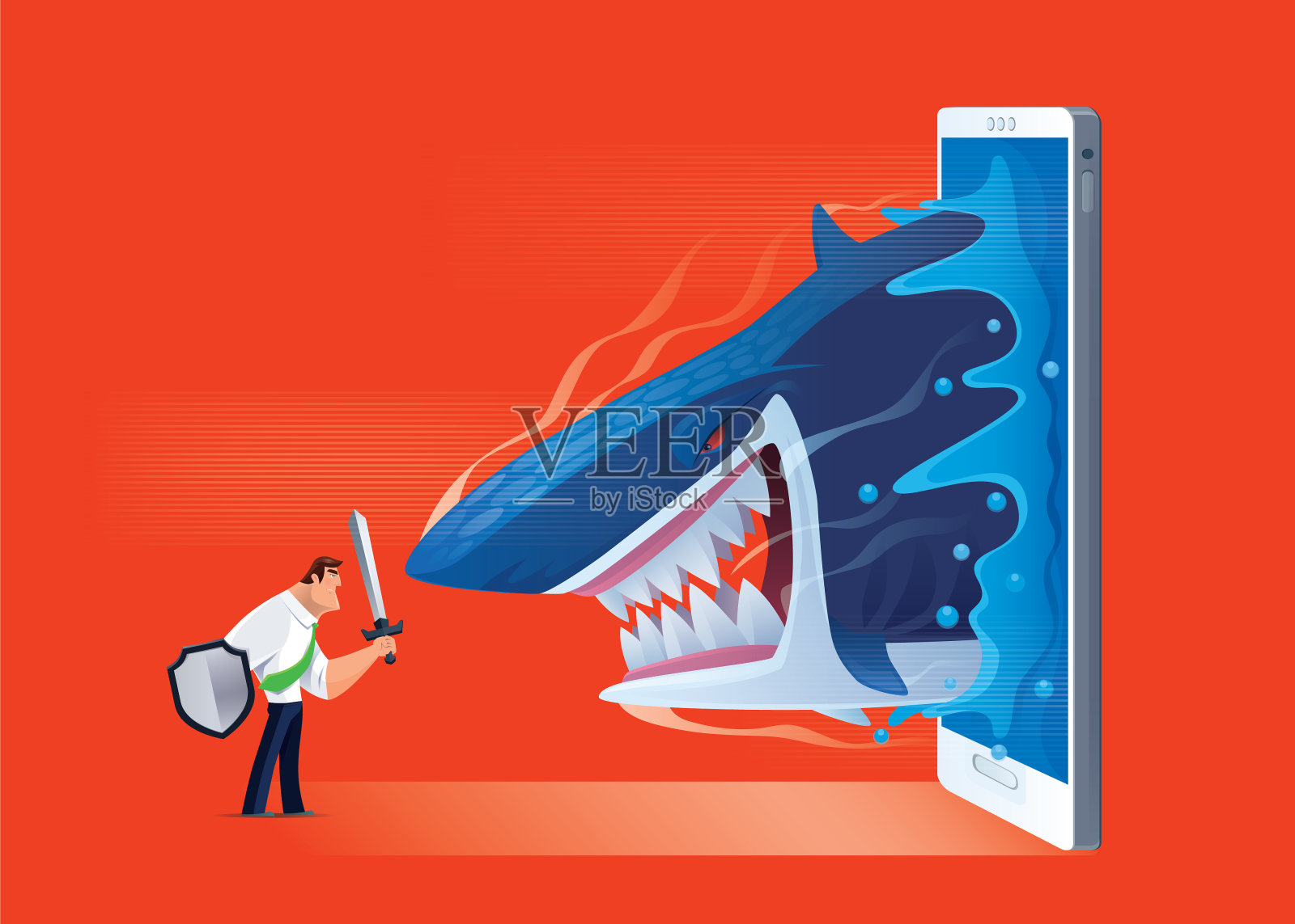 武装商人保护愤怒的鲨鱼插画图片素材