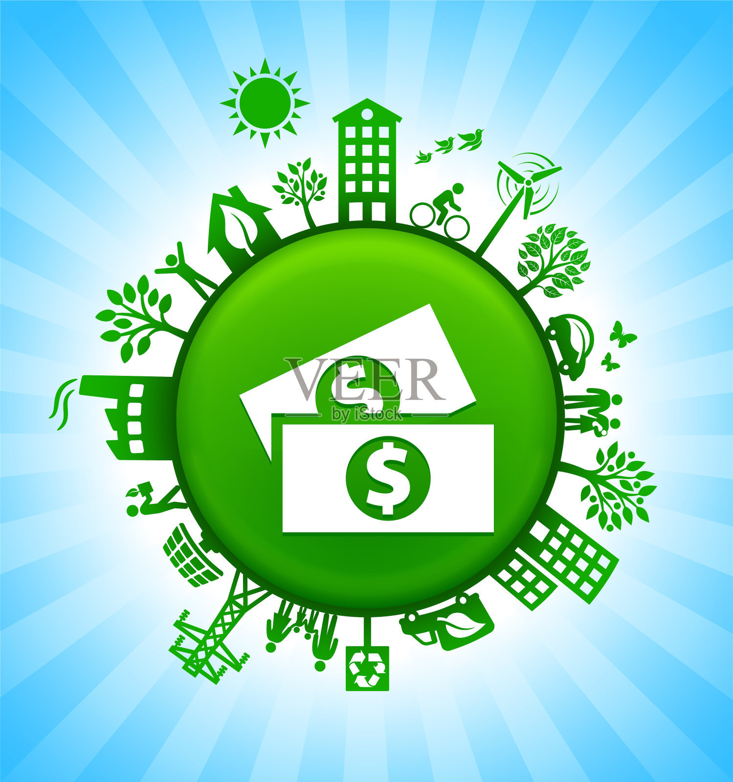 美元钞票环境绿色按钮背景在蓝天插画图片素材