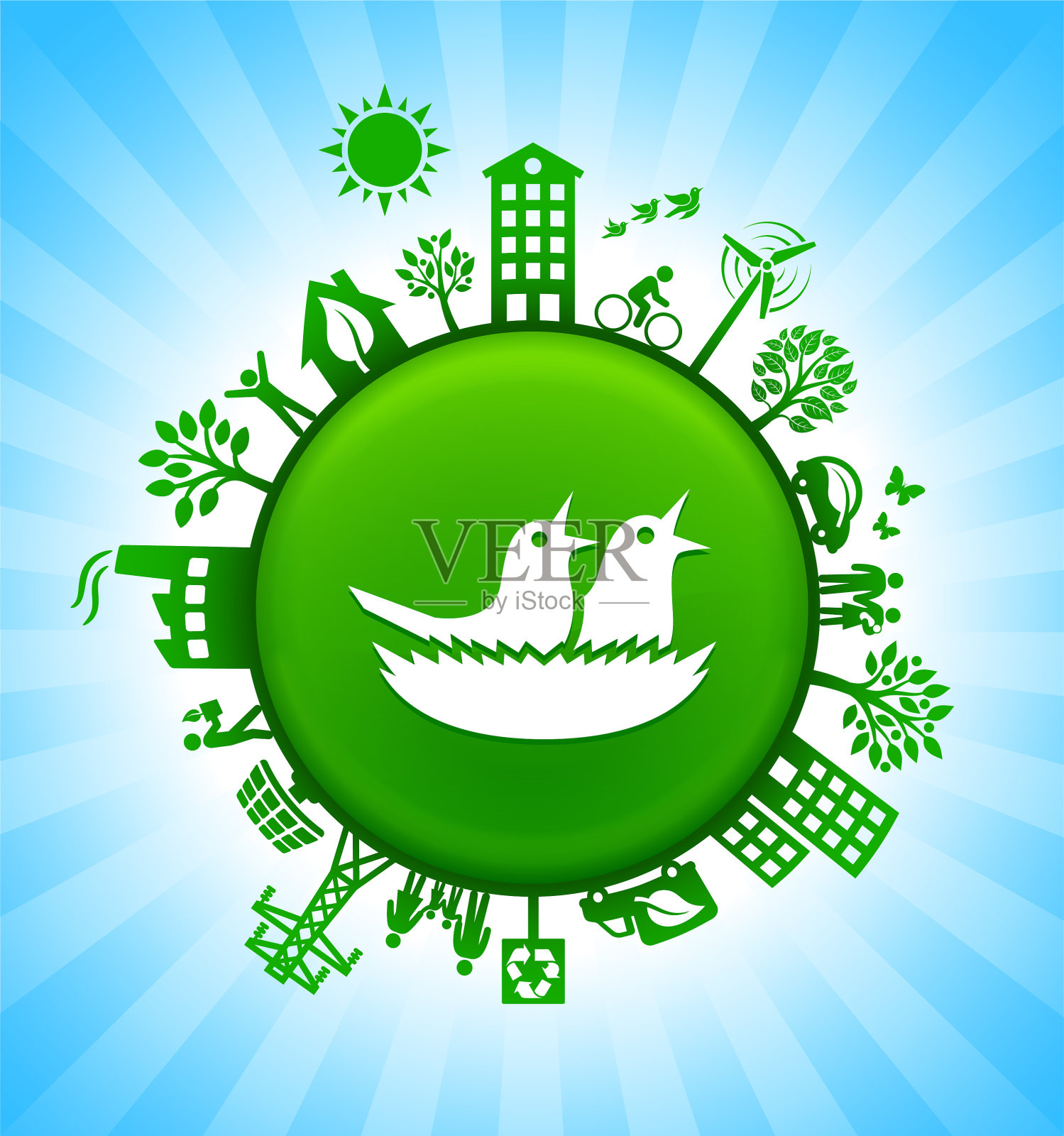 鸟环境绿色按钮背景在蓝天插画图片素材