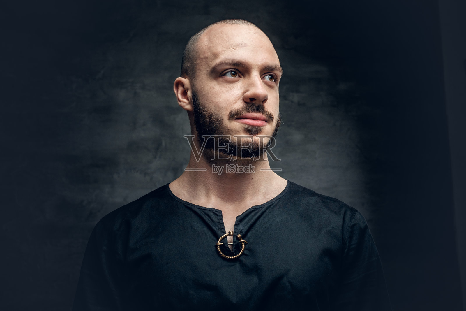 一个穿着土著维京人服装的人。照片摄影图片