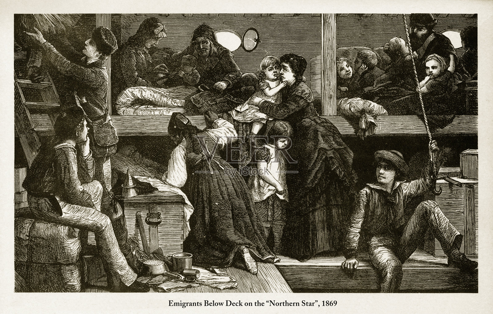 “北极星”甲板下的移民，1869年雕刻插画图片素材