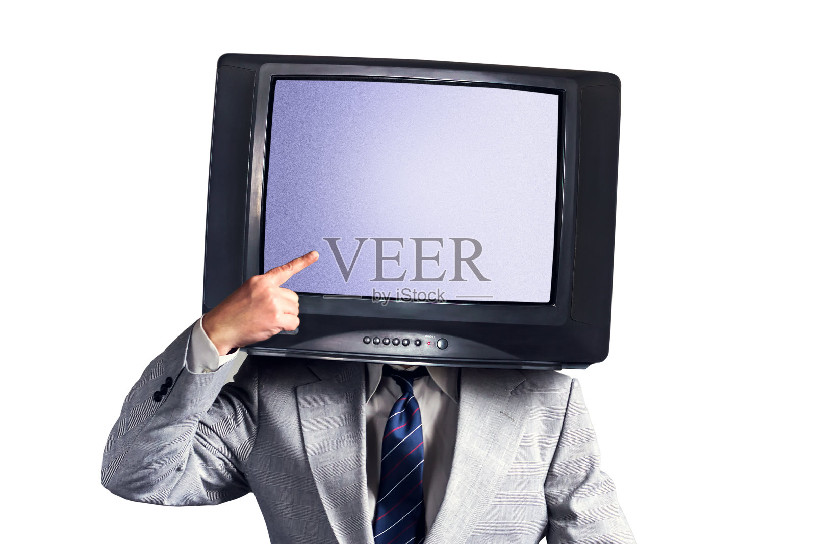 有电视的男人，而不是一个头孤立在白色背景。文本。多媒体社交网络概念。照片摄影图片