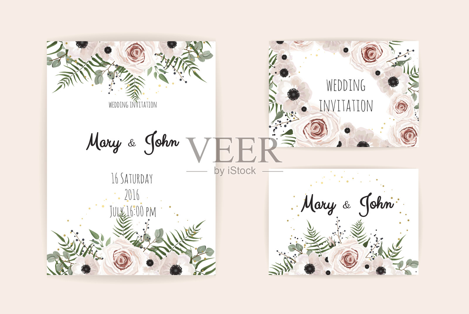 矢量邀请与手工花卉元素。带有花卉元素的婚礼请柬设计模板素材