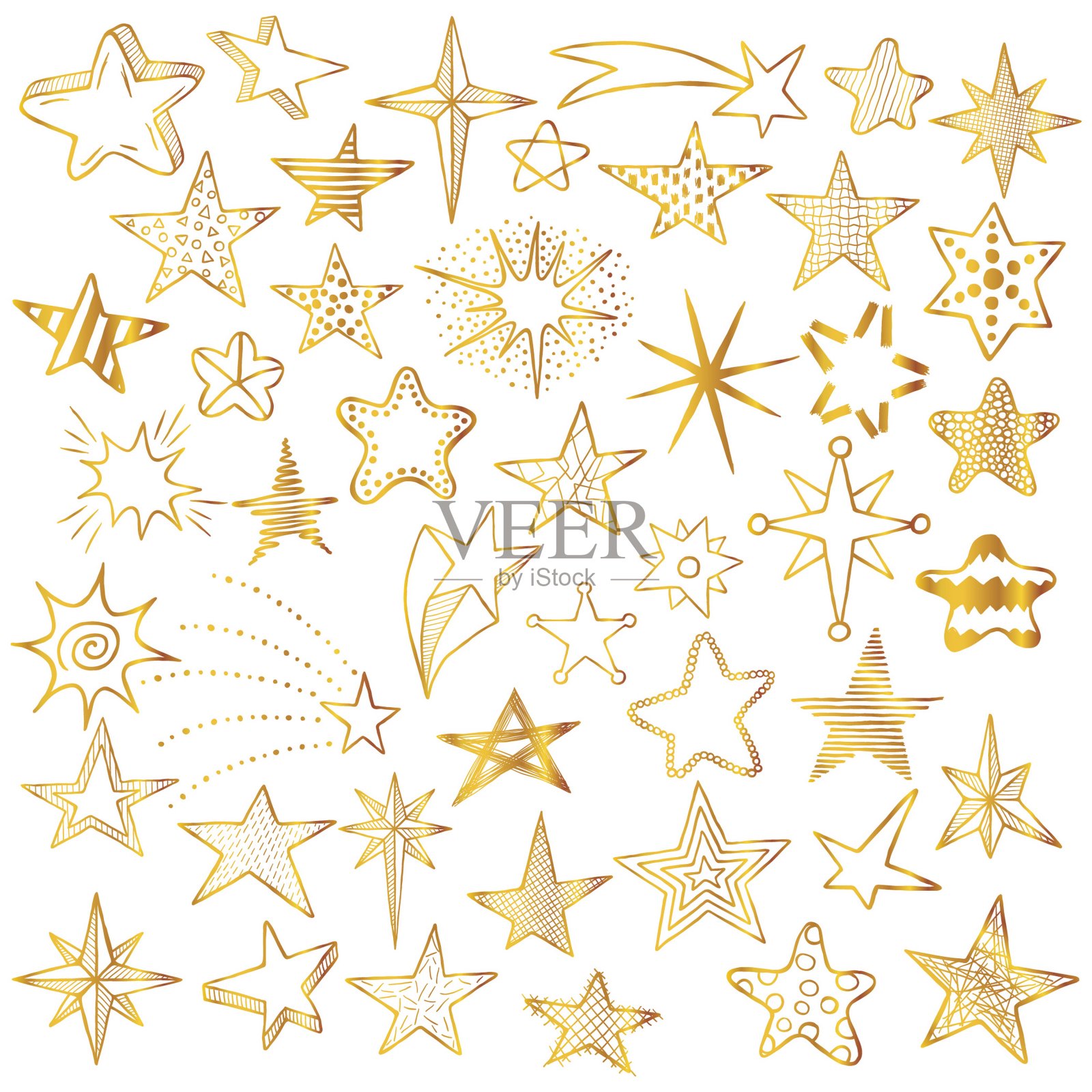 手绘可爱的星星和彗星图标收集。孩子素描风格。矢量图插画图片素材