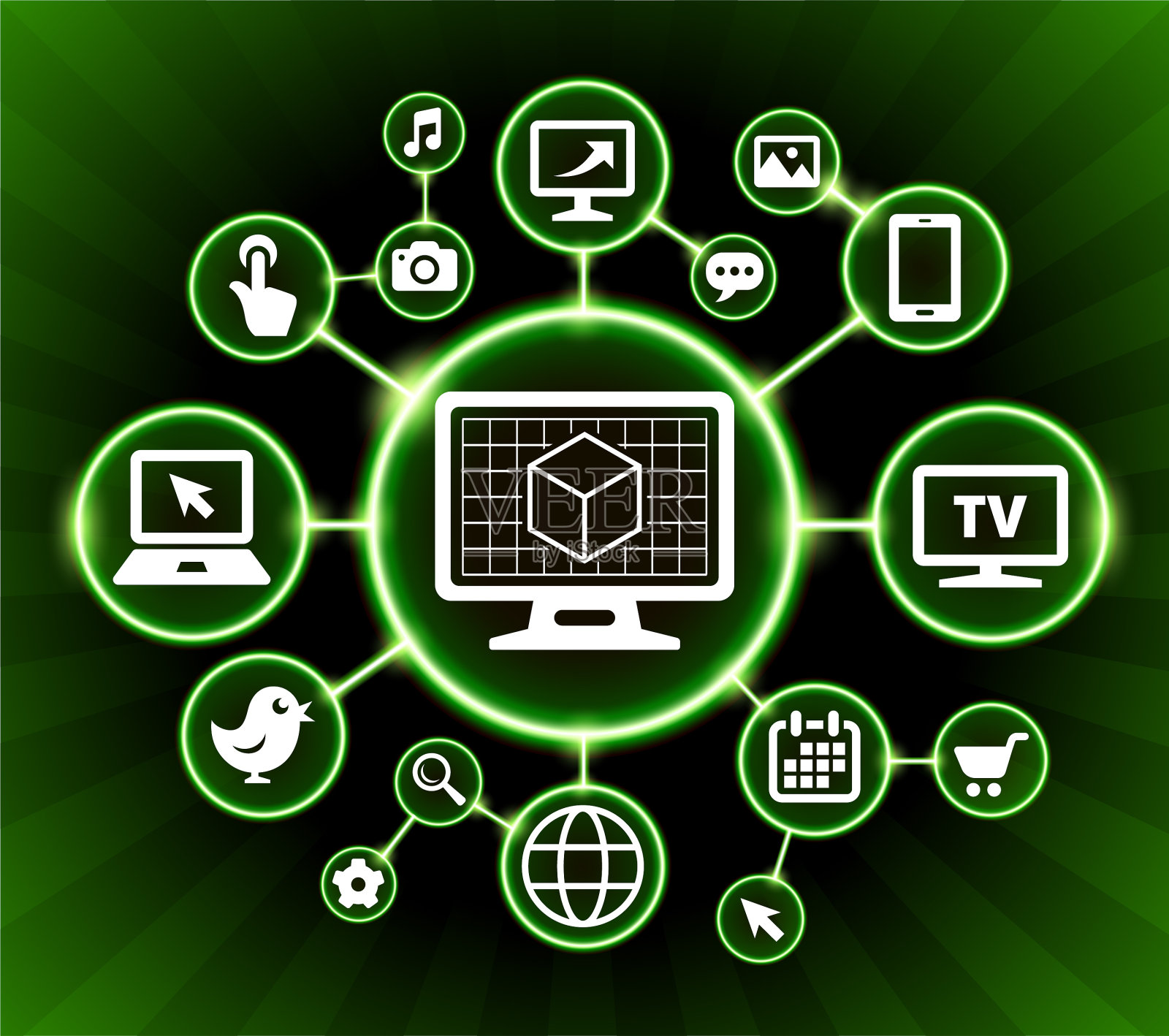 3D立方体在桌面屏幕互联网通信技术暗按钮背景插画图片素材