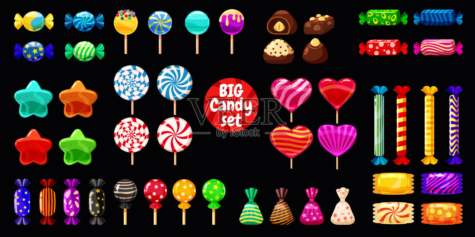 超级套装不同的糖果在黑色的背景硬糖果，软糖，果冻豆，薄荷糖。矢量图插画图片素材