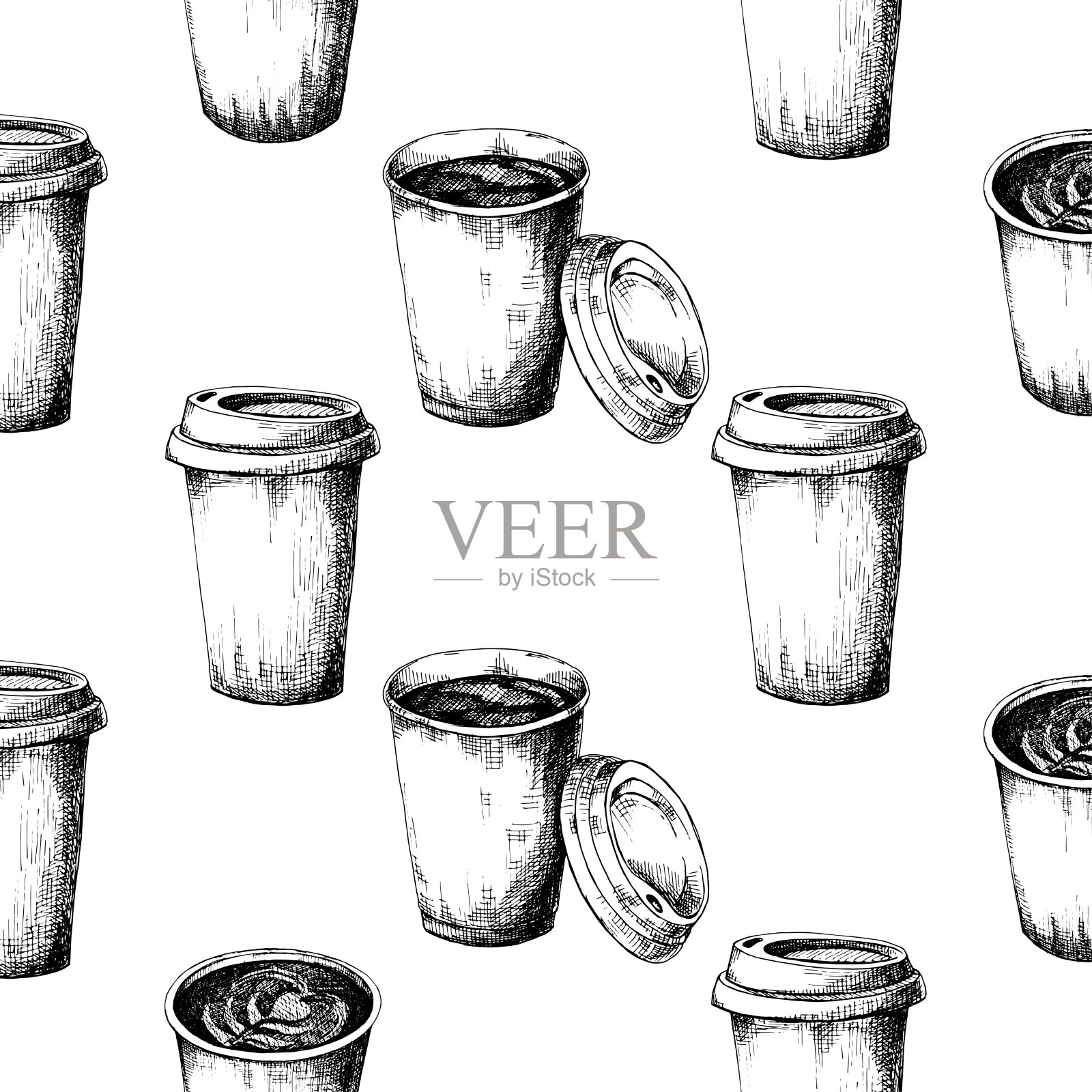 无缝图案的一杯咖啡。矢量插图的草图风格。插画图片素材