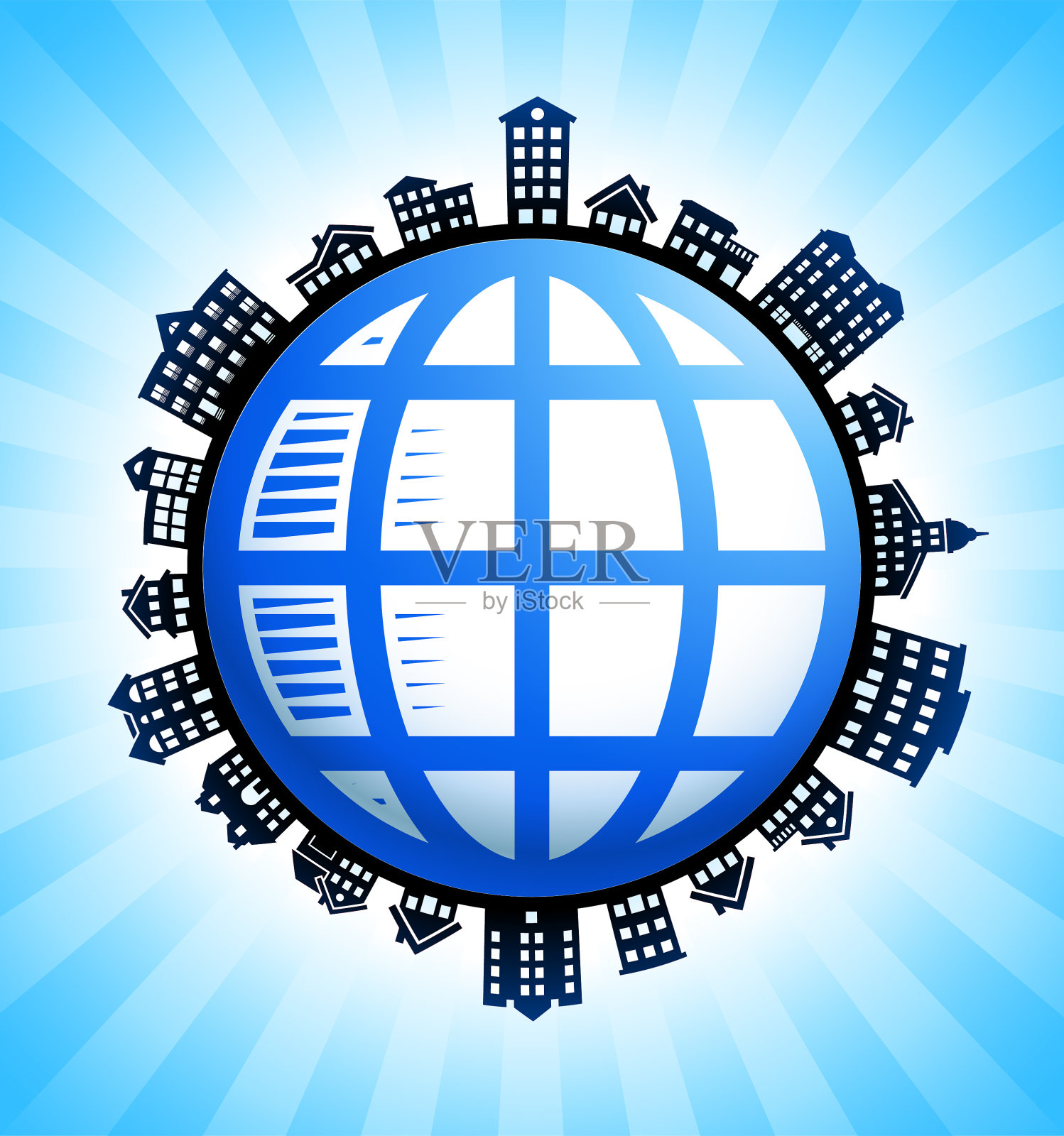 乡村城市天际线背景上的蓝色地球线框插画图片素材