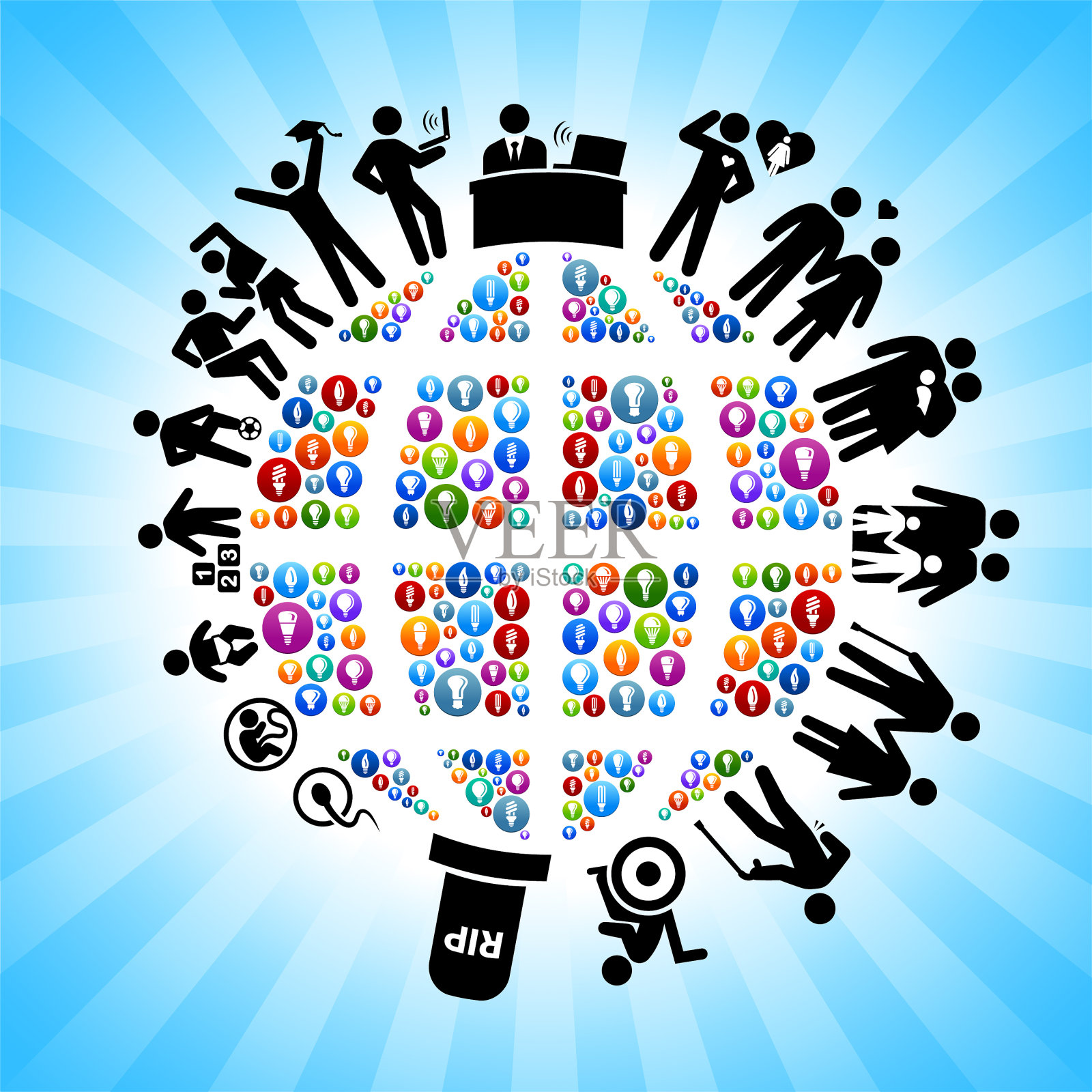 人类生命周期背景上的地球灯泡线框插画图片素材