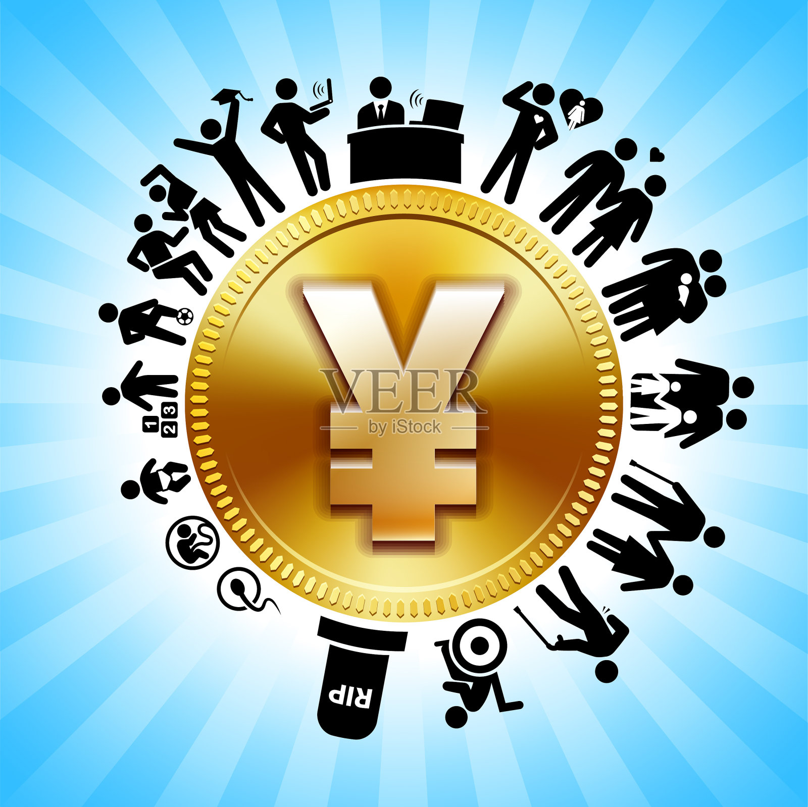 人类生命周期背景上的金色日元符号插画图片素材