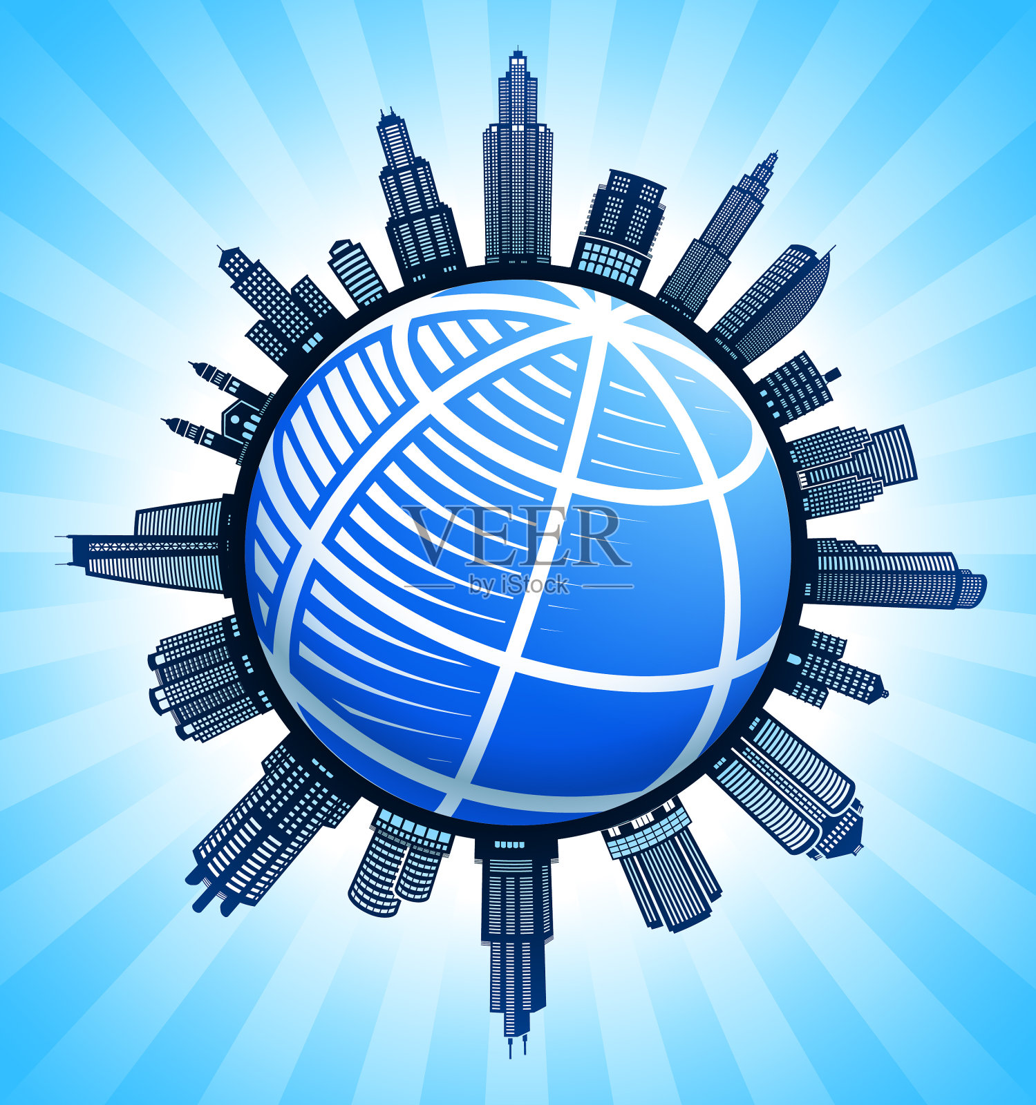 蓝色地球仪线框黑色和白色城市景观天际线背景插画图片素材